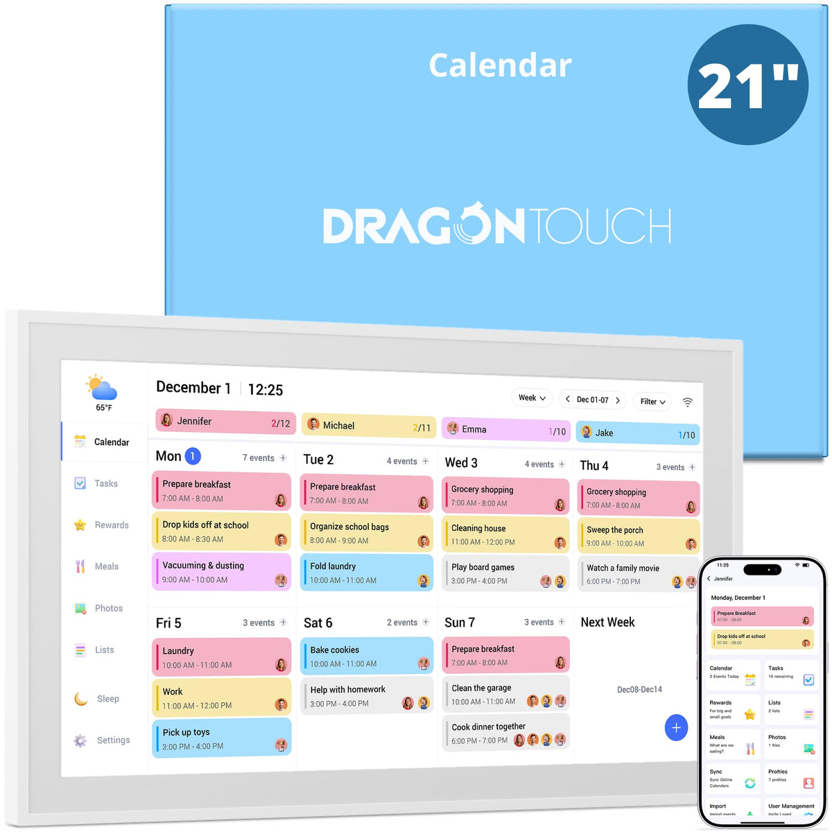 Dragon Touch 15.6" Digital Calendar & Chore Chart for Family, 1080P Smart Planner with Touchscreen, Real-Time Sync with Google, Outlook & iCloud, No Monthly Fee, Digital Picture Frame, Wall & Desk Mountable, White