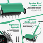 24 Inch Rolling Lawn Aerator, Heavy Duty Manual Aerator Tool, Up to 70 lbs, Push Spike Aeration Tool with 42 Spikes, Suitable for Lawns, Garden, and Yard Grass Aeration [Green]