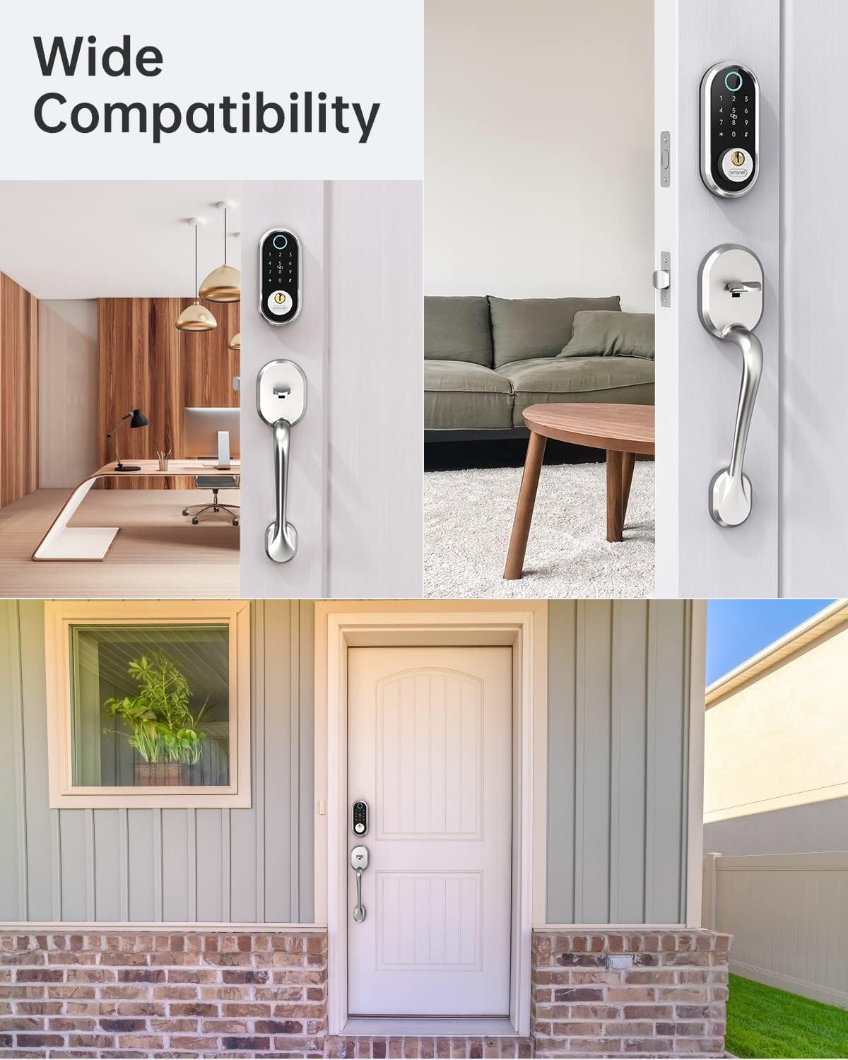 SMONET Keyless Entry Door Lock with Handle, Smart Front Door Lock Set, Fingerprint Keypad Deadbolt Lock, Bluetooth App Control, Key Fobs, Auto Lock, Compatible with Alexa for Home