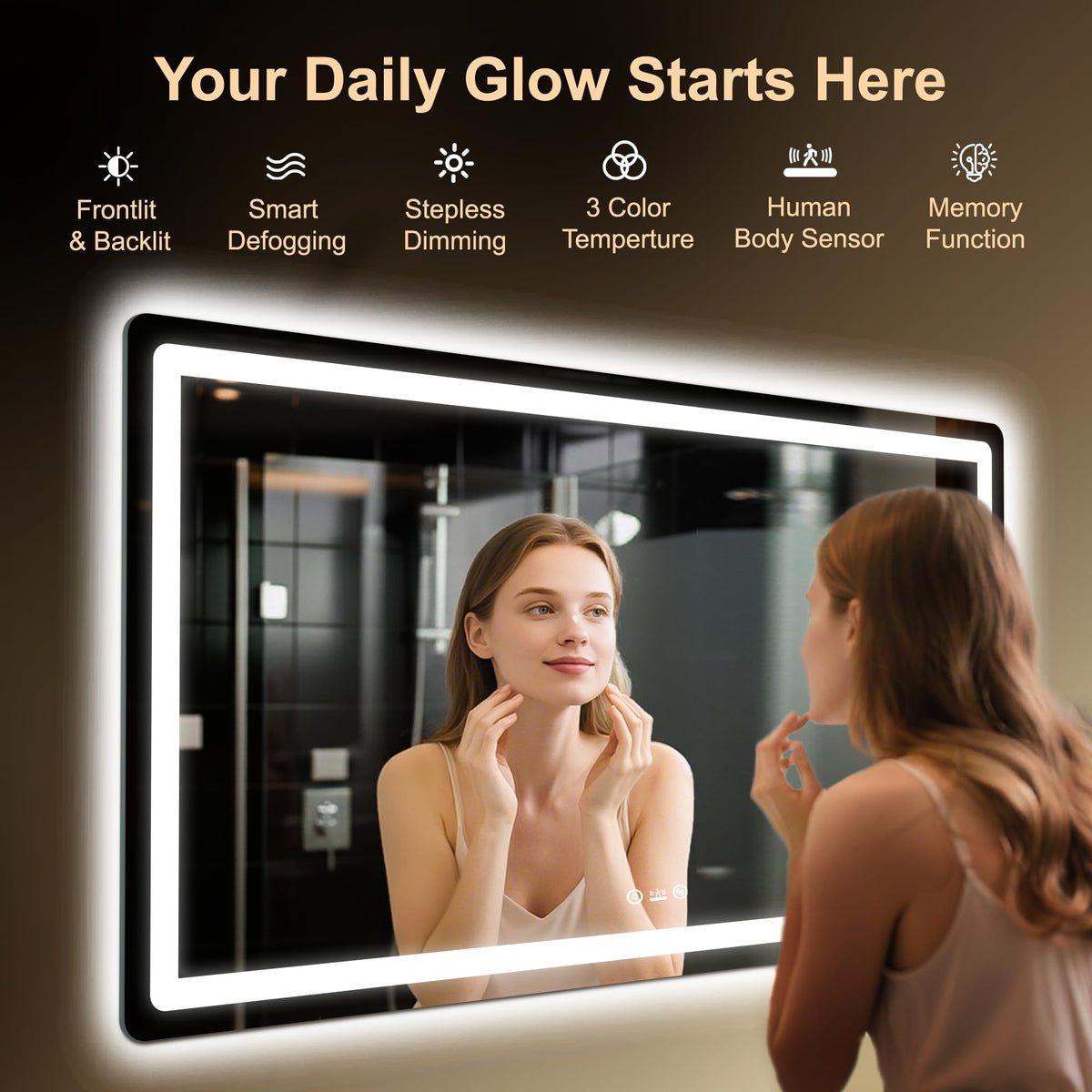 55x30 LED Bathroom Mirror with Lights, Smart Anti-fog, Motion Sensor