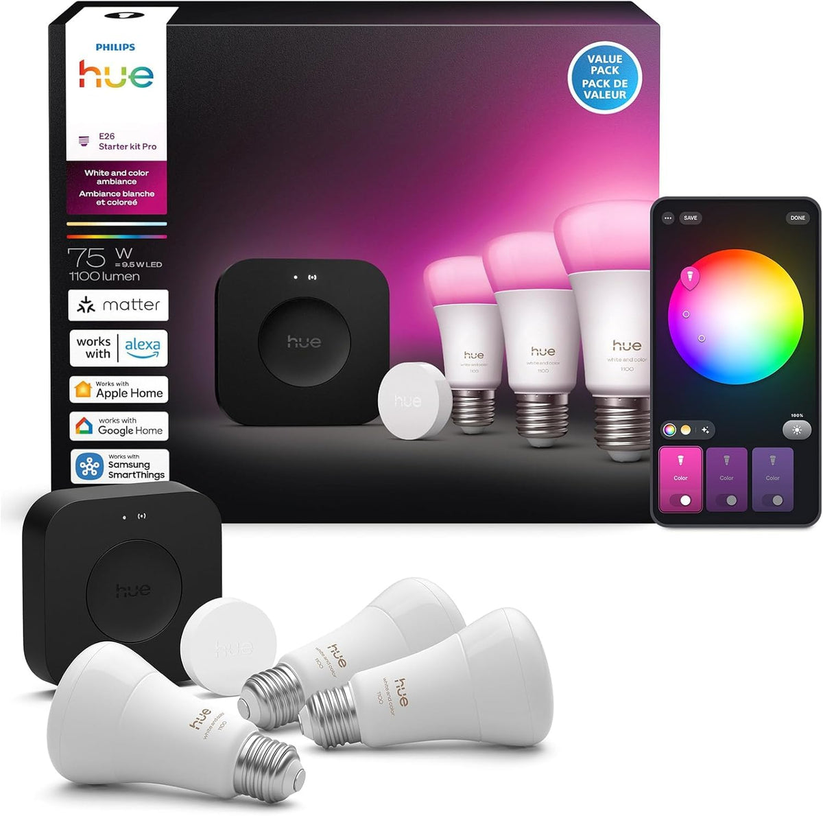 PHILIPS Hue Starter Kit, Bridge Pro + 4 A19 E26 Smart Bulbs