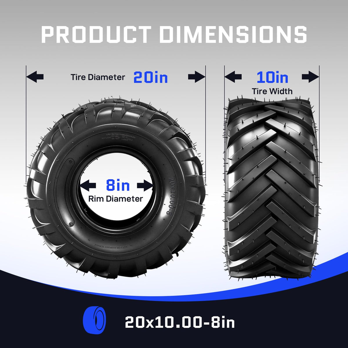 20x10.00-8 Lawn Mower Tire, 4 Ply,Tubeless,Set of 2