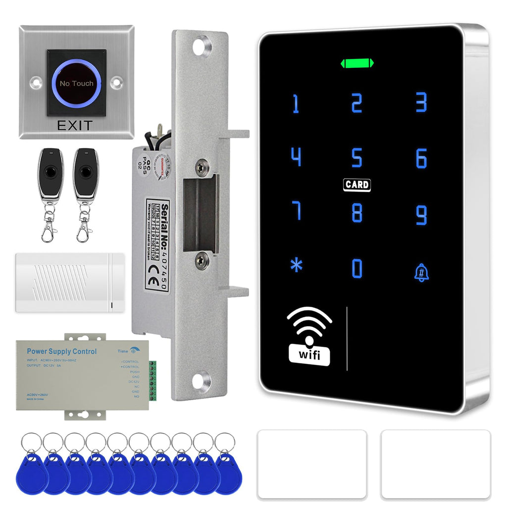 WiFi TUYA Complete Security Access System Kit with Waterproof RFID Touch Keypad Door Lock, Smart Remote Door Opener, App，600-Pound Electric Magnetic Lock + ZL, Metal Sensor Switch, Doorbel