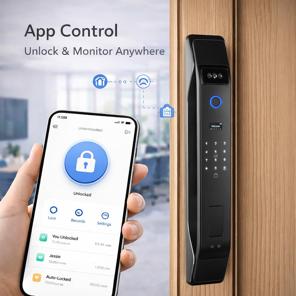 3D Face Recognition Smart Door Lock with Video Intercom, Tuya App Remote Access, Biometric Fingerprint & Palm Print Unlock, Heavy Duty Aluminum Mortise Lock for Home & Office (Black)