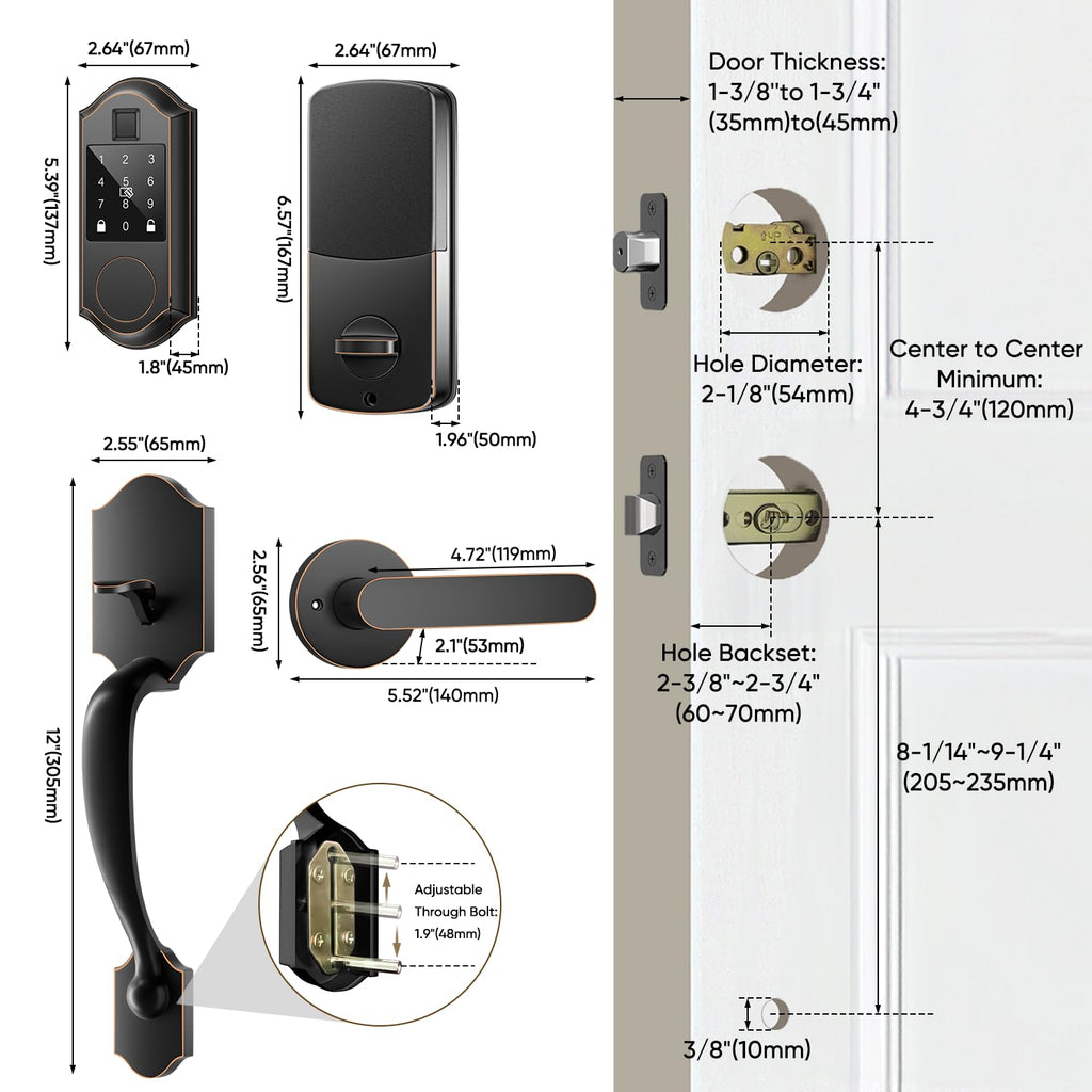 Fingerprint Smart Front Door Lock Set, Keyless Entry Door Lock with Handle, Smart Door Locks, Front Door Handle with Keypad and Deadbolt, Touchscreen, APP Control, Oil Rubbed Bronze