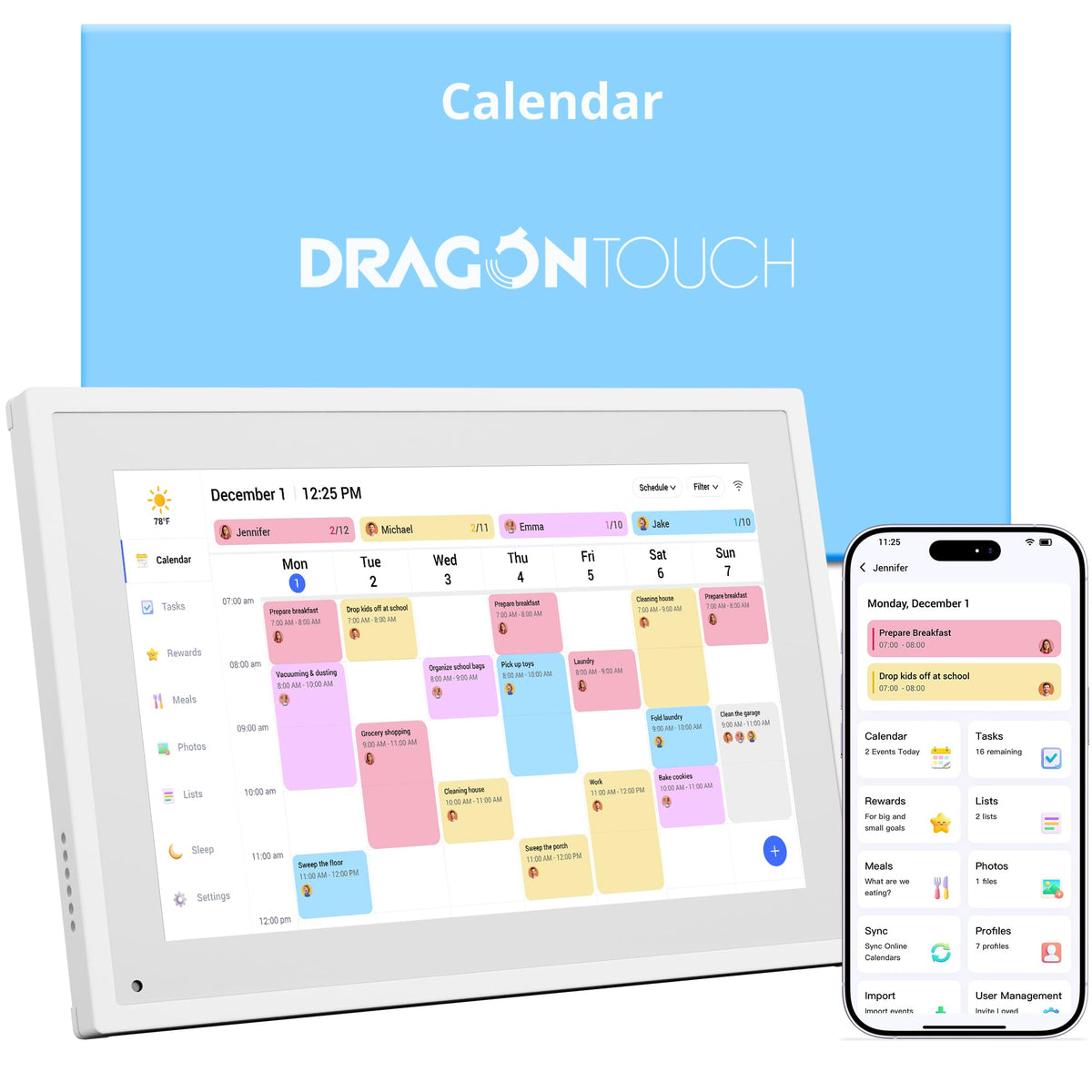 Dragon Touch 15.6" Digital Calendar & Chore Chart for Family, 1080P Smart Planner with Touchscreen, Real-Time Sync with Google, Outlook & iCloud, No Monthly Fee, Digital Picture Frame, Wall & Desk Mountable, White