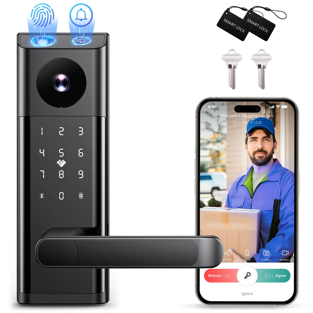 Smart Lock with Camera & Doorbell, 3-in-1 Keyless Entry Door Lock with Handle, Built-in WiFi Camera Smart Lock for Front Door, Fingerprint, Keypad Code, App Control, Auto Lock