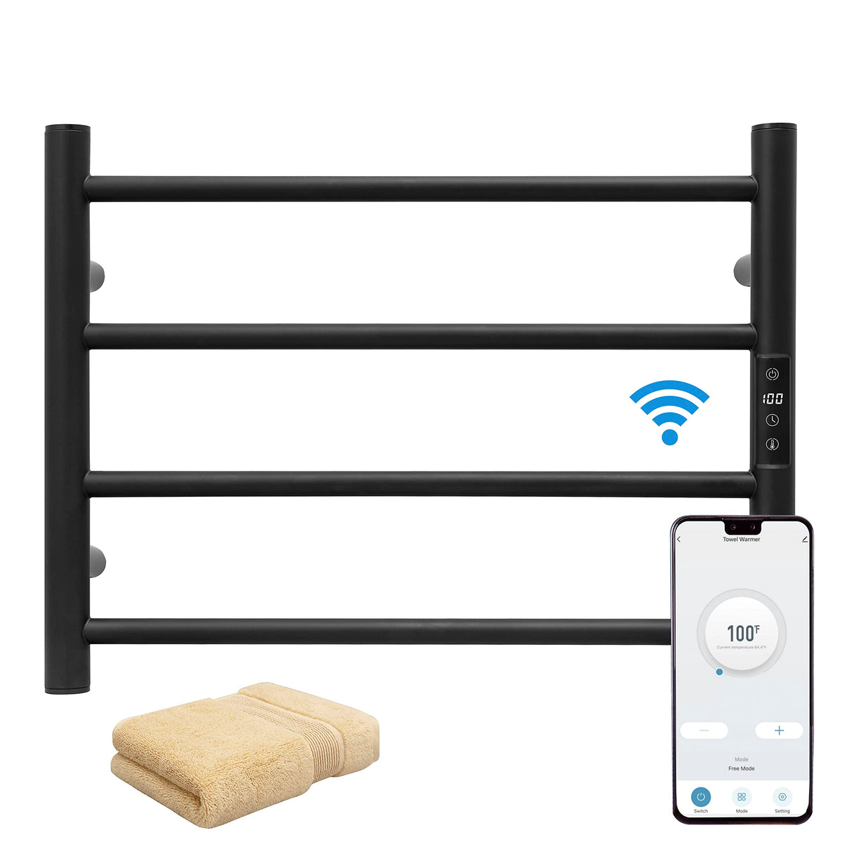 Smart WiFi Towel Warmer Wall Mounted with Built-in Timer and Temperature Adjust Control, 4 Bars Electric Stainless Steel Heated Towel Racks for Bathroom Matte Black