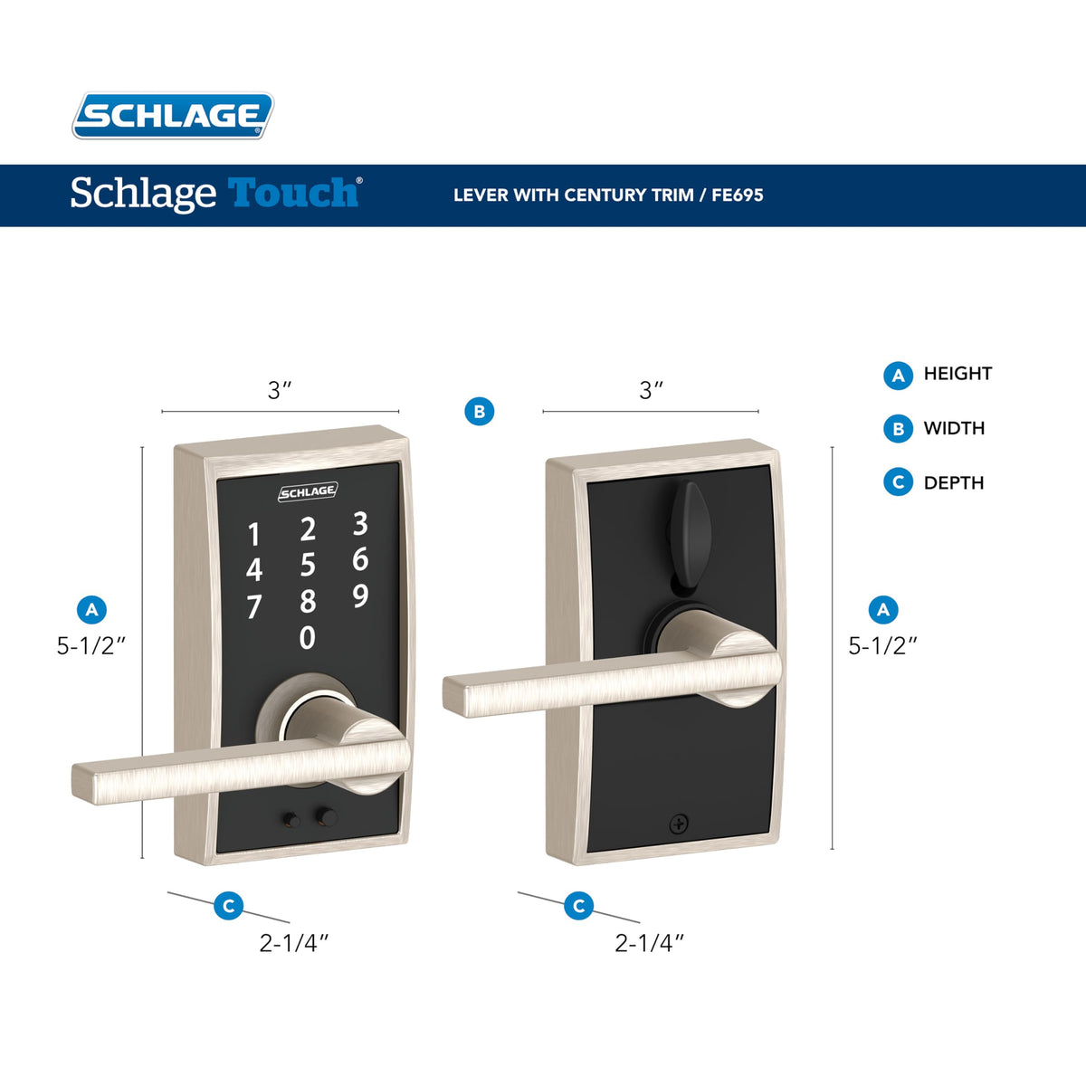 Schlage Touch Electronic Lock, Lever Handle, Century Trim, Matte Black