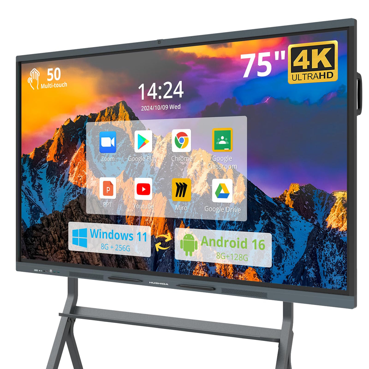 75" AI Pro Smart Board for Classroom & Office, Android 16 & Win 11 16G RAM+256G ROM, 48MP Camera Build in 4K UHD Interactive Whiteboard with Touchscreen & 8 Mic Array,Electronic Whiteboard for Meeting