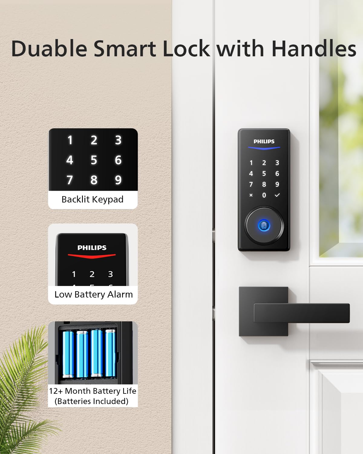 Philips Smart Lock with Door Lever, APP Control, Fingerprint Unlock