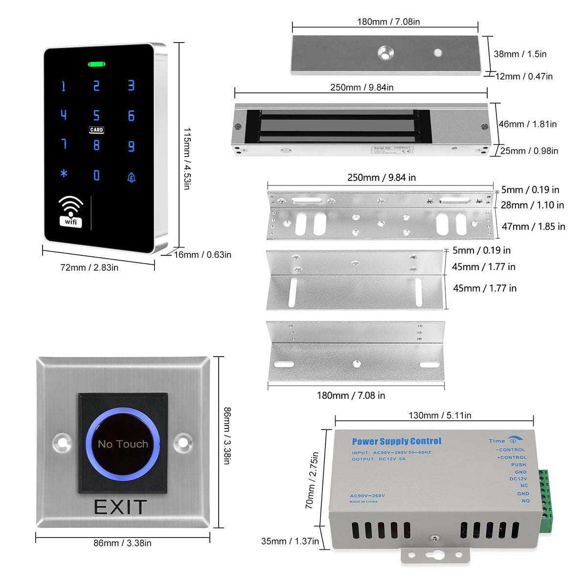 WiFi TUYA Complete Security Access System Kit with Waterproof RFID Touch Keypad Door Lock, Smart Remote Door Opener, App，600-Pound Electric Magnetic Lock + ZL, Metal Sensor Switch, Doorbel