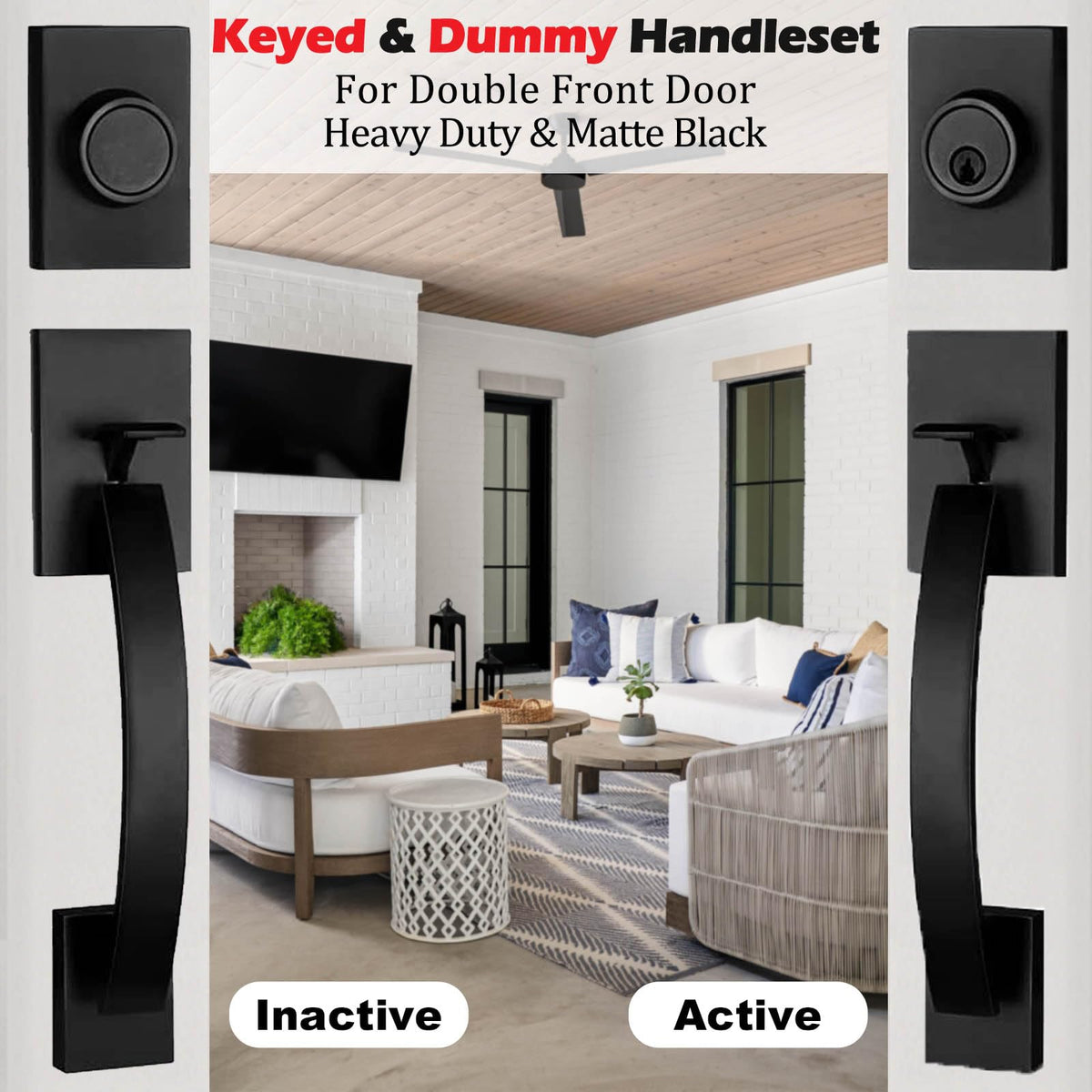 Exterior Double Door Lever Handleset,Solid Door Handle Lock Set (Keyed and Dummy Set) - Matte Black,MDHST2017DB-SET-BR