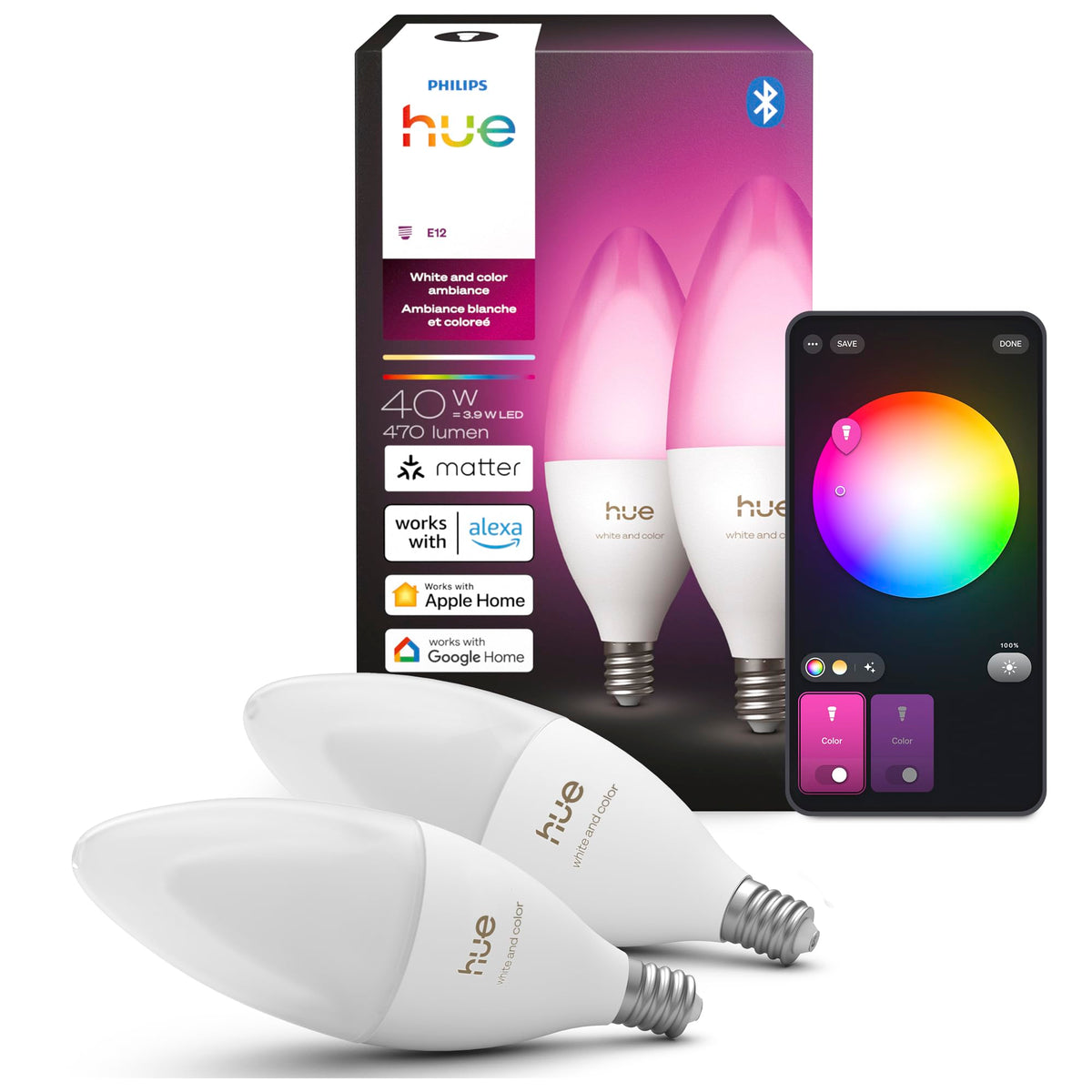 PHILIPS Hue Smart LED Candle Light Bulb, B39, E12, 2-Pack