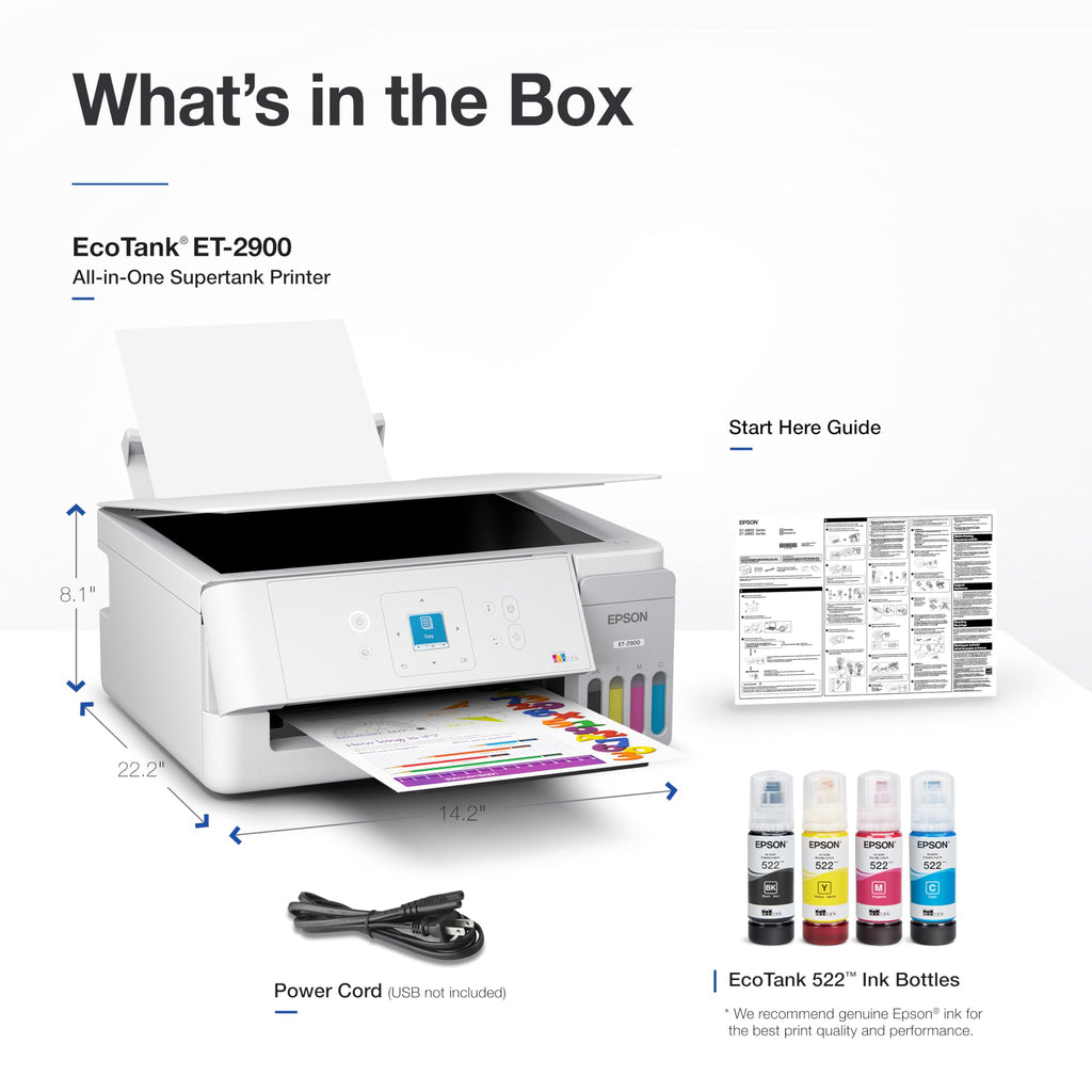 Epson EcoTank ET-2900 Wireless All-in-One Color Supertank Printer with up to 3 Years of Ink, Refillable Tanks, Perfect for Home, 11 PPM, 1.44" Color Screen, Built-in Scanner – White