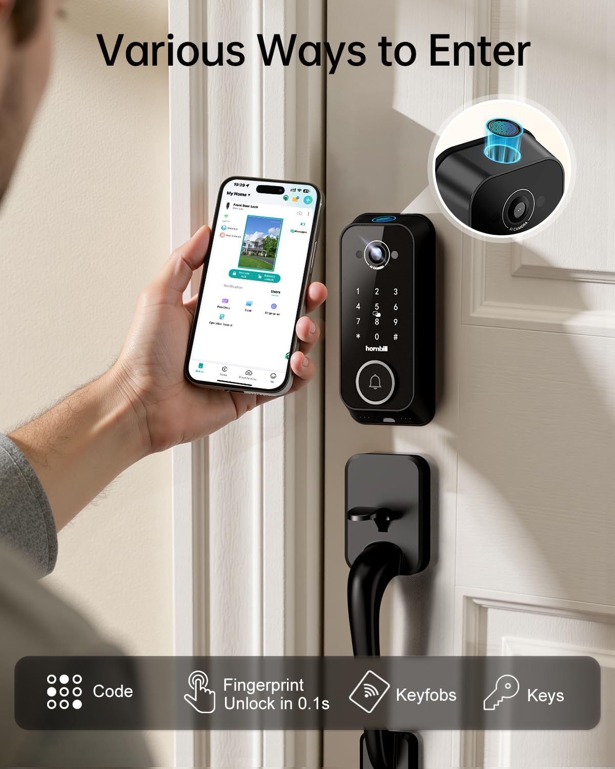 Hornbill Video Smart Lock with Camera: 10-in-1 Ring+2K Camera+Doorbell+Fingerprint Keyless Entry Door Lock, Built-in WiFi Deadbolt(only 2.4G), Two-Way Audio/App Remote Control/PIR, No Monthly Fee