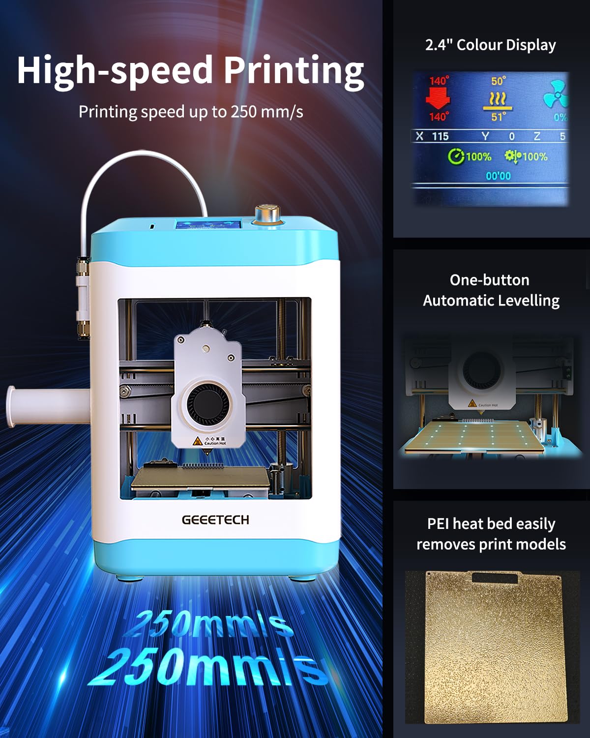 Fully Assembled Mini 3D Printer for Kids & Beginners - Complete Starter Kit with Auto Leveling 3D Printing Machine, 1 Roll of Filament, and SD Card, High-Speed 250mm/s, High Precision, for School Home