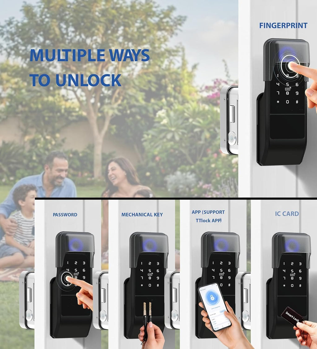 smart latch double gate lock, electronic gate latch for outdoor fence, waterproof keyless smart rim lock, electric double sided keypad locks, Fingerprint, Passcode, Key, IC Card, Tuya App (Matte Black)