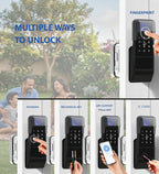 smart latch double gate lock, electronic gate latch for outdoor fence, waterproof keyless smart rim lock, electric double sided keypad locks, Fingerprint, Passcode, Key, IC Card, Tuya App (Matte Black)