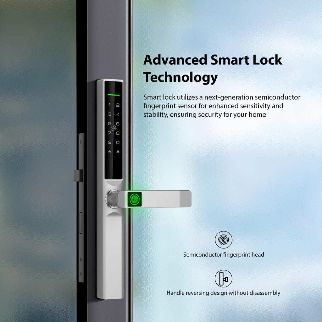 Fingerprint Smart Lock, Keyless Entry Door Lock with Handle, TY APP Fingerprint Password Card Mechanical Key 5 Unlocking Methods Aluminum Alloy Door for 40-120mm Thickness (Silver)