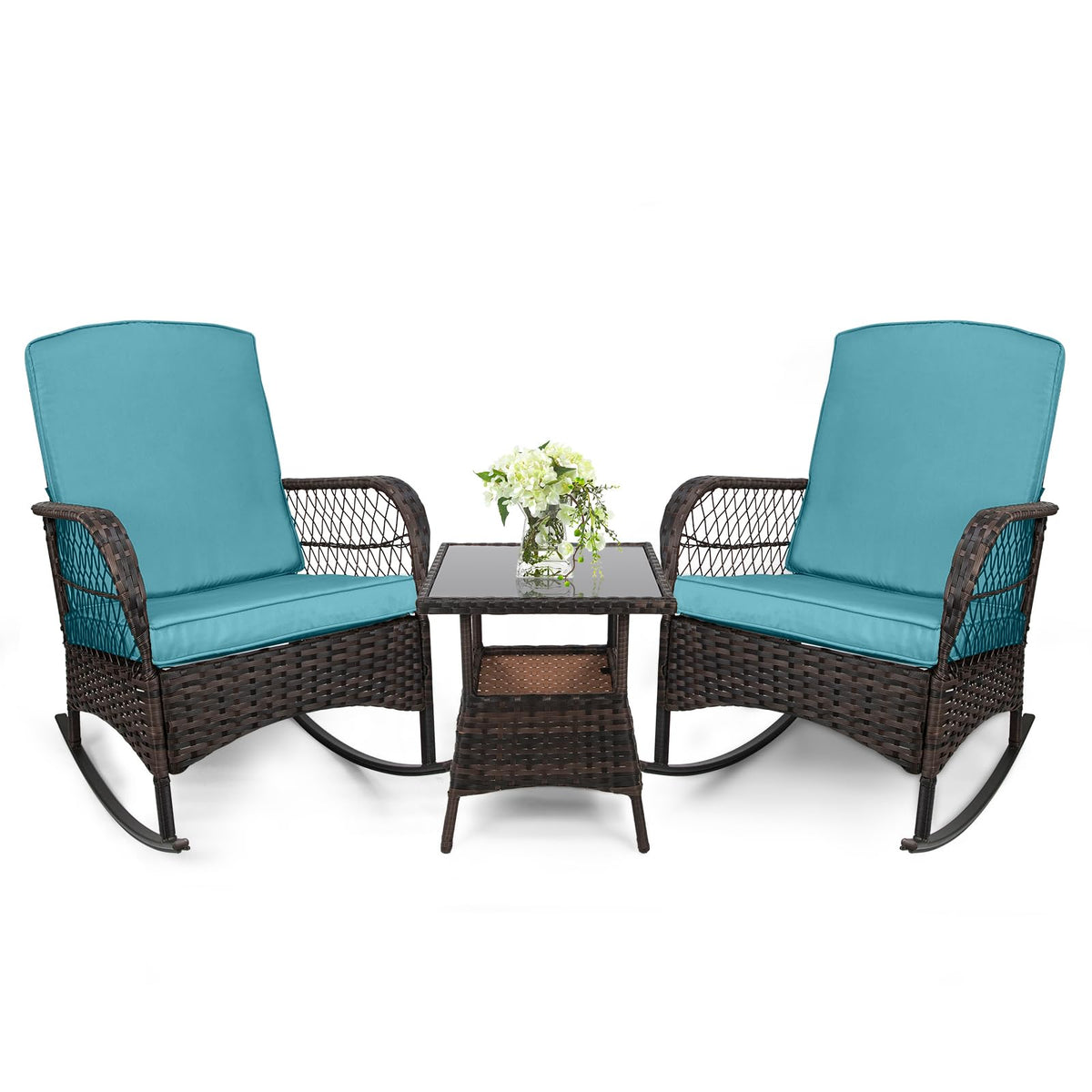 3 pcs Rocking Bistro Set Conversation Chairs PE Wicker Outdoor Rocking Chairs & Glass Table,for Porch Lawn Garden Backyard Deck(Rocking Set,Khaki)