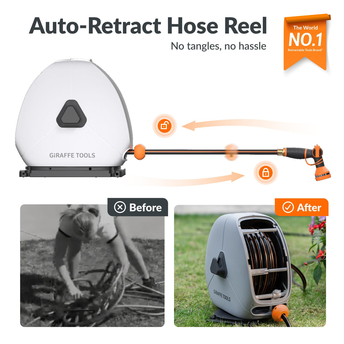 Giraffe Tools Ground-Mounted Retractable Garden Hose Reel,1/2" x 130FT