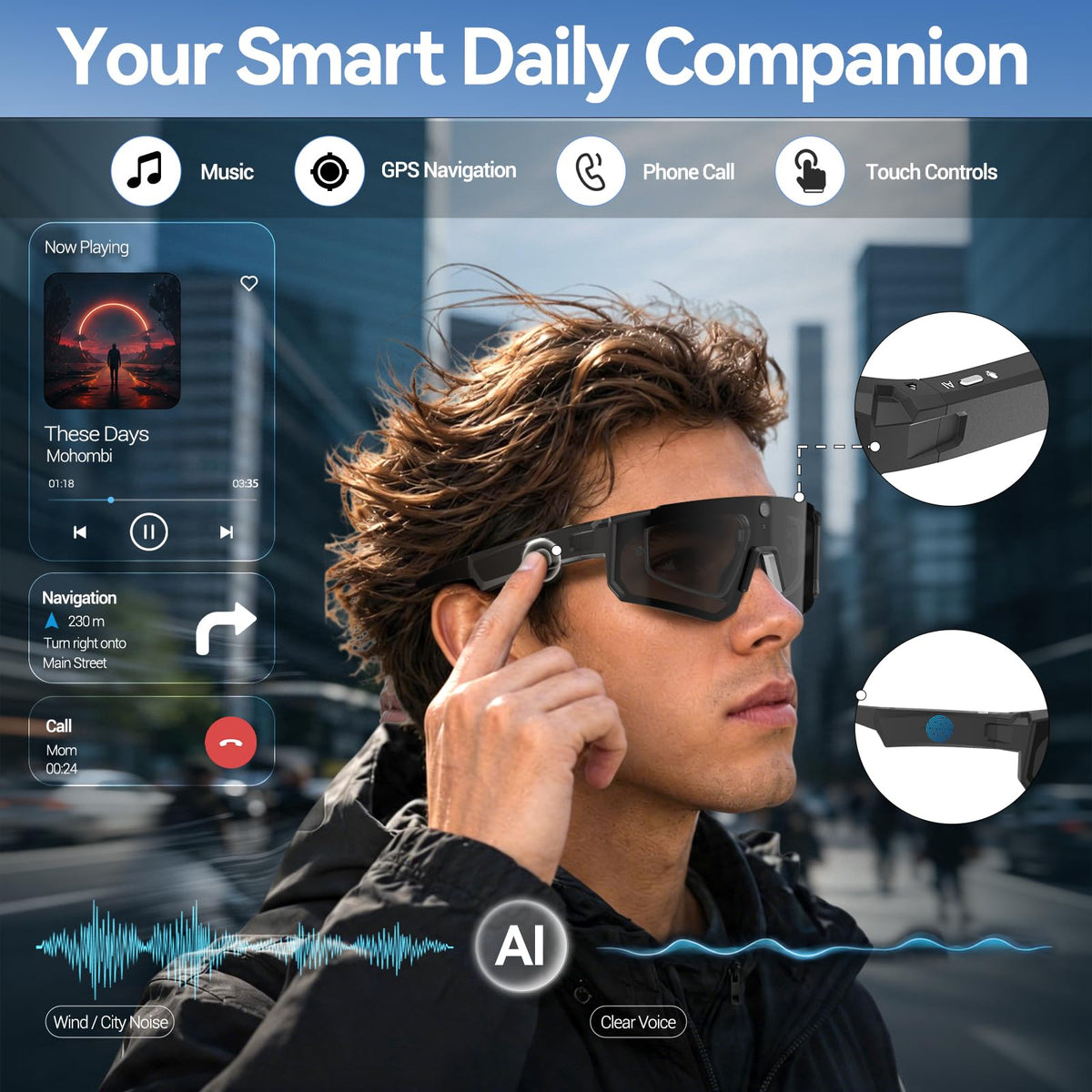 AI Smart Glasses with Camera, ChatGPT & AI Object Recognition, 1200P Video with 6-Axis EIS, Polarized UV400 Sunglasses, Real-Time Translation, IP64 Waterproof for Cycling, Hiking & Vlogging