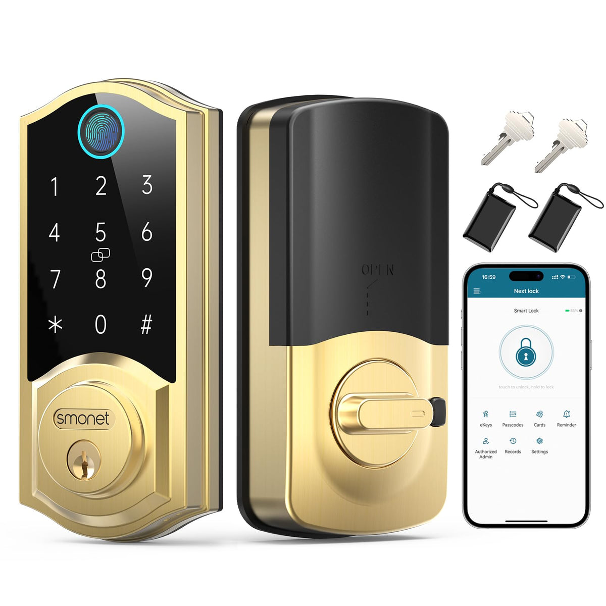SMONET Smart Lock Brass Fingerprint Deadbolt, Keyless Entry Door Lock