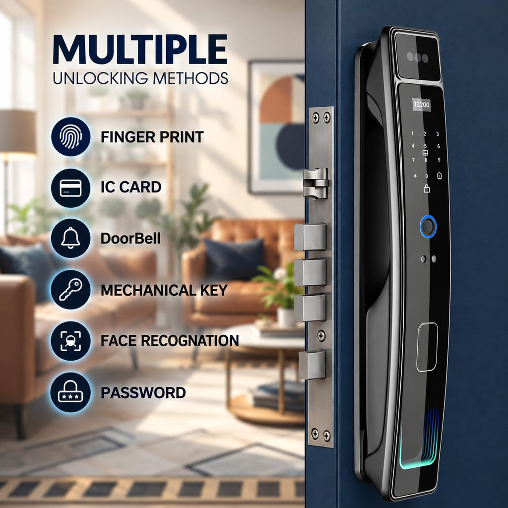 Smart Door Lock with Camera & 3D Face Recognition, Keyless Entry Door Lock with Fingerprint, Password, IC Card, App Control & Doorbell, Secure Mortise Lock for Front Door (Usmart App)