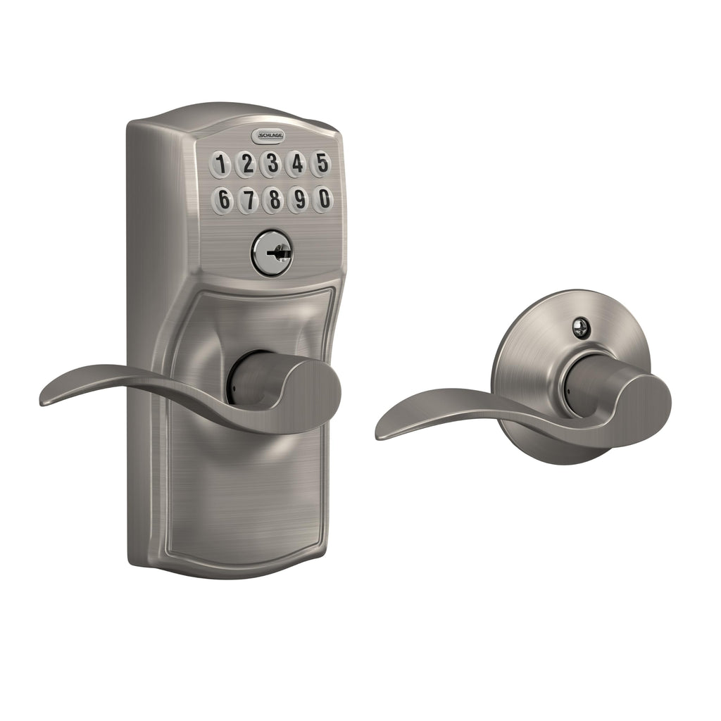 Schlage Electronic Keypad Lock, Lever Handle, Camelot Trim, Satin Chrome