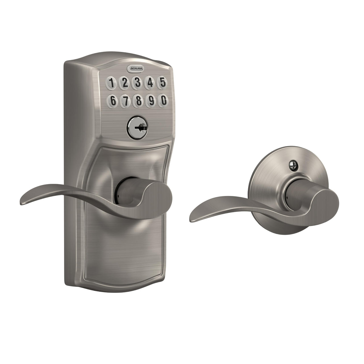 Schlage Electronic Keypad Lock, Lever Handle, Camelot Trim, Satin Chrome