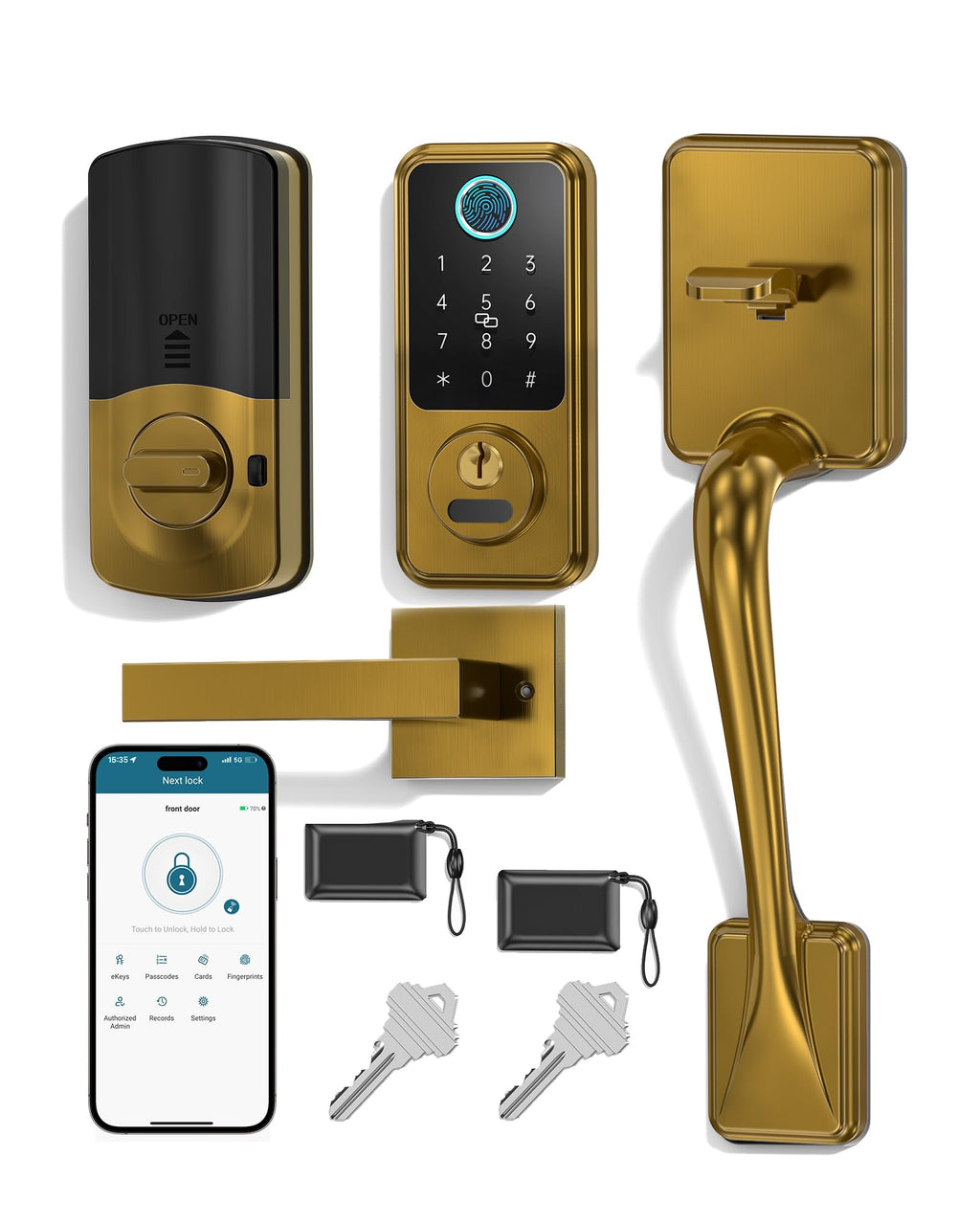 Hornbill Keyless Entry Door Lock, Smart Front Door Lock Set, Smart Deadbolt Keypad Handle Set for Home/House/Airbnb/Office, Auto-Lock,Satin Brass