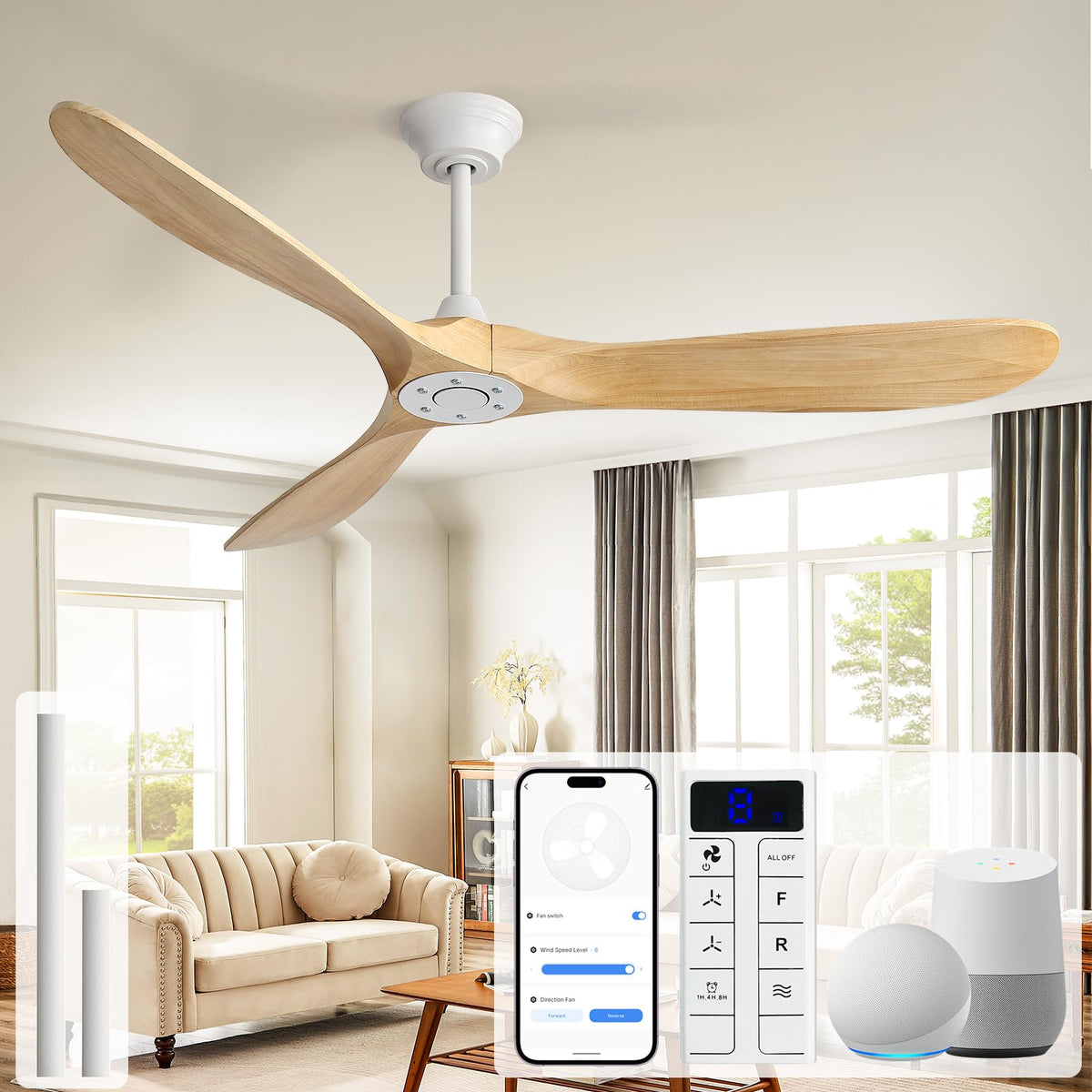 Sofucor 48 Inch Smart Wood Ceiling Fans with Lights, Flush/Downrod Mount
