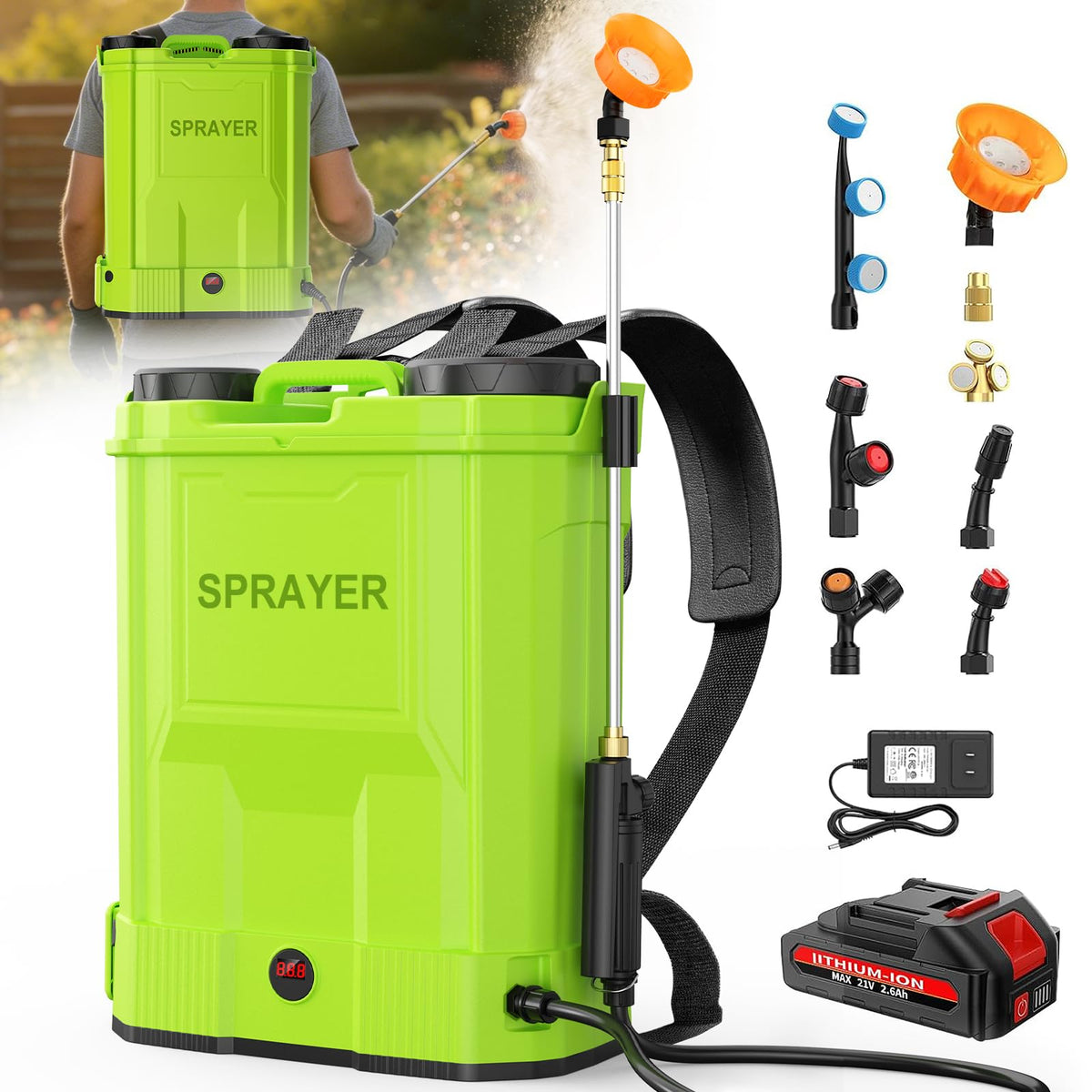 Battery Powered Backpack Sprayer 5.3 Gallon,Electric Garden Sprayer with 100 PSI Adjustable Pressure, Rechargeable 21V 2.6Ah Battery,8 Nozzles (Includes Telescopic Wand) for Lawn,Yard,Garden