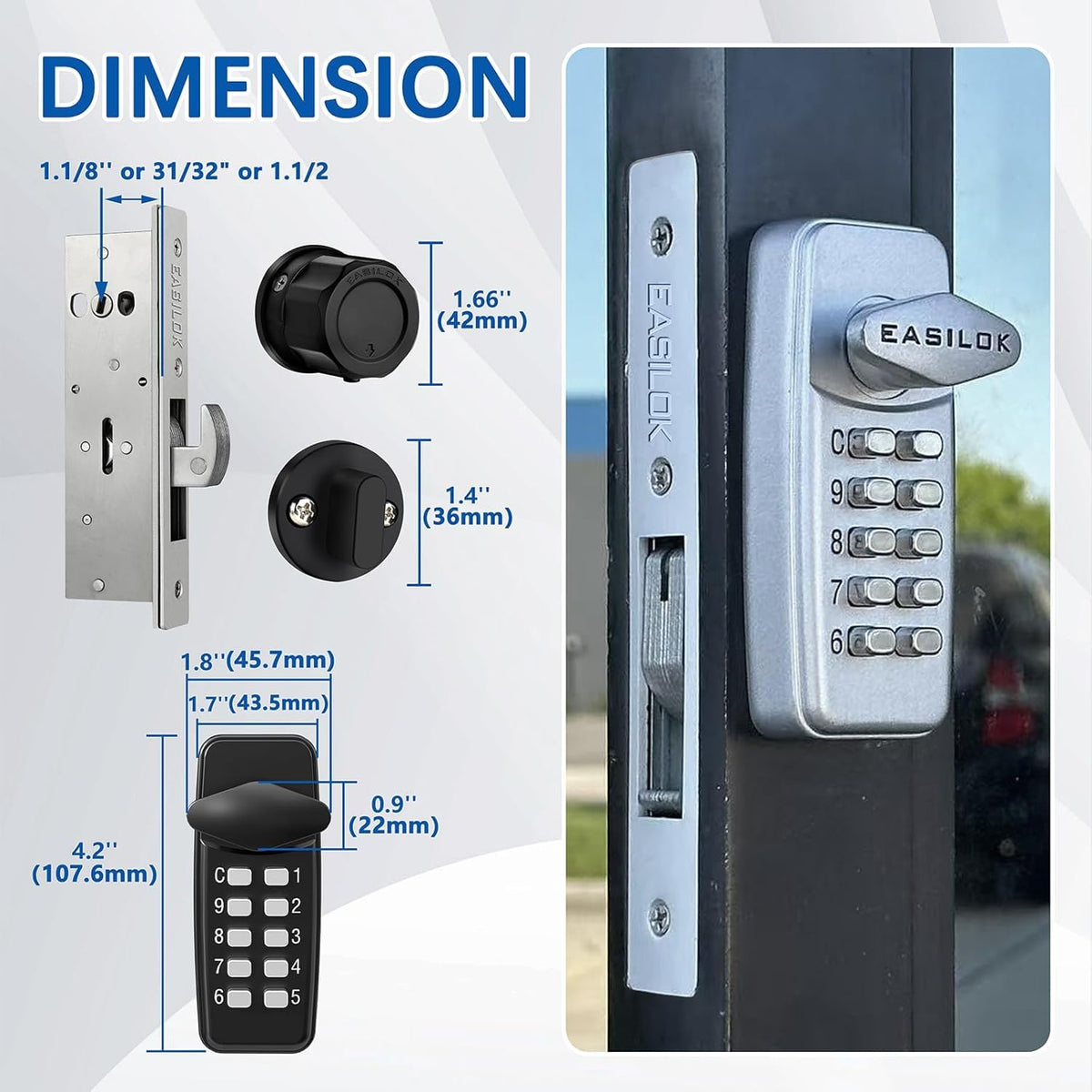 EASILOK Keyless Mechanical Storefront Lock, DIY No-Drill Commercial Mortise Replacement, Fits 1-1/8" Backset, Black, Hook Bolt