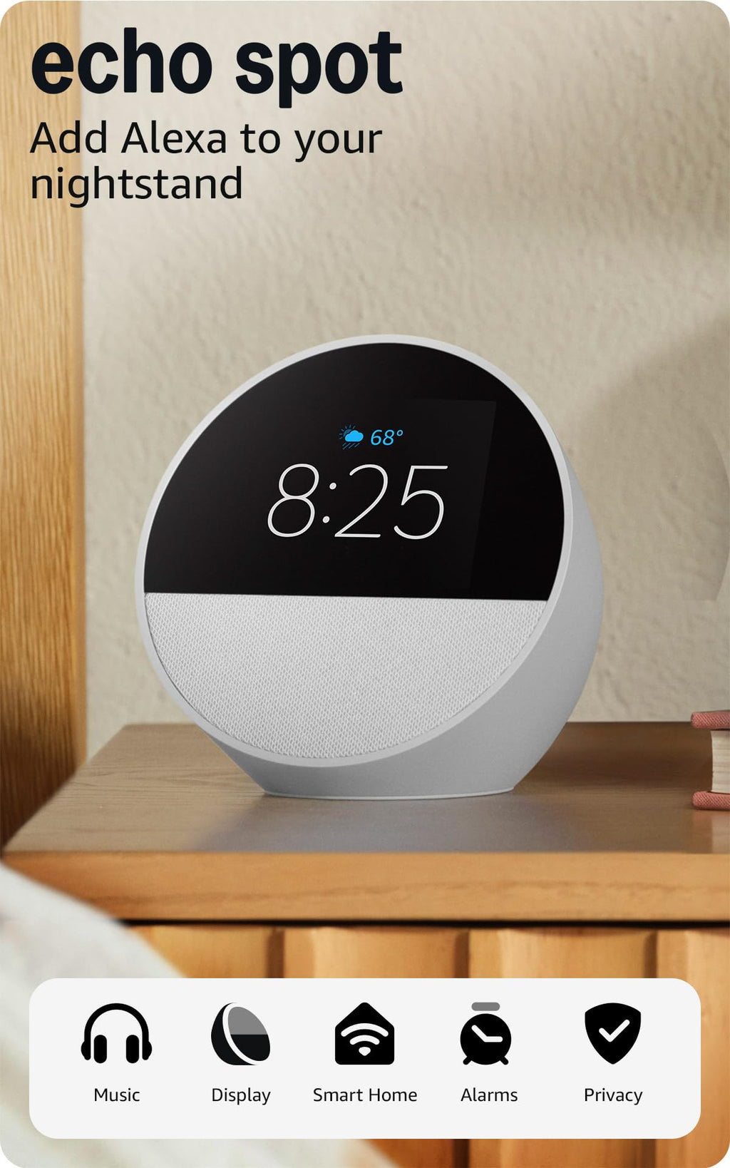 Amazon Echo Spot, Great for nightstands, offices and kitchens, Smart alarm clock, Designed for Alexa+, Black