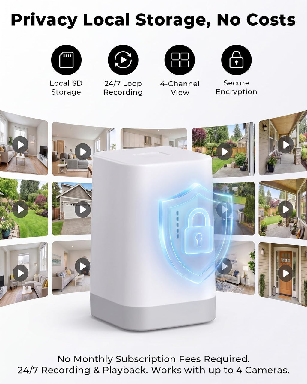 Solar Security Camera System with Home Hub, 4 Cam 4MP 360° PTZ Security Cameras Wireless Outdoor, No Monthly Fee, Local Storage, Color Night Vision, 5GHz & 2.4GHz WiFi for Home Exterior, IP66