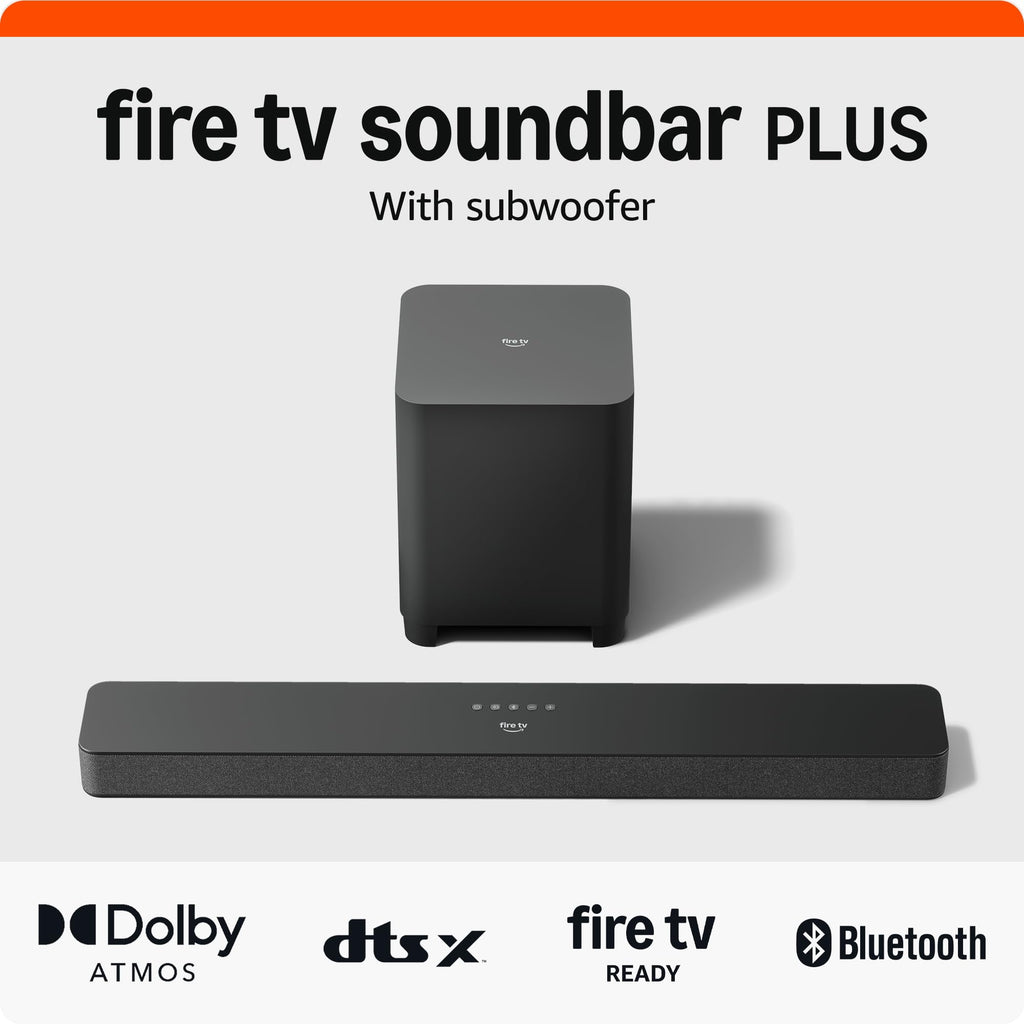 Amazon Fire TV Soundbar Plus with subwoofer (newest model), 3.1 channel, Dolby Atmos, DTS:X, clear dialogue