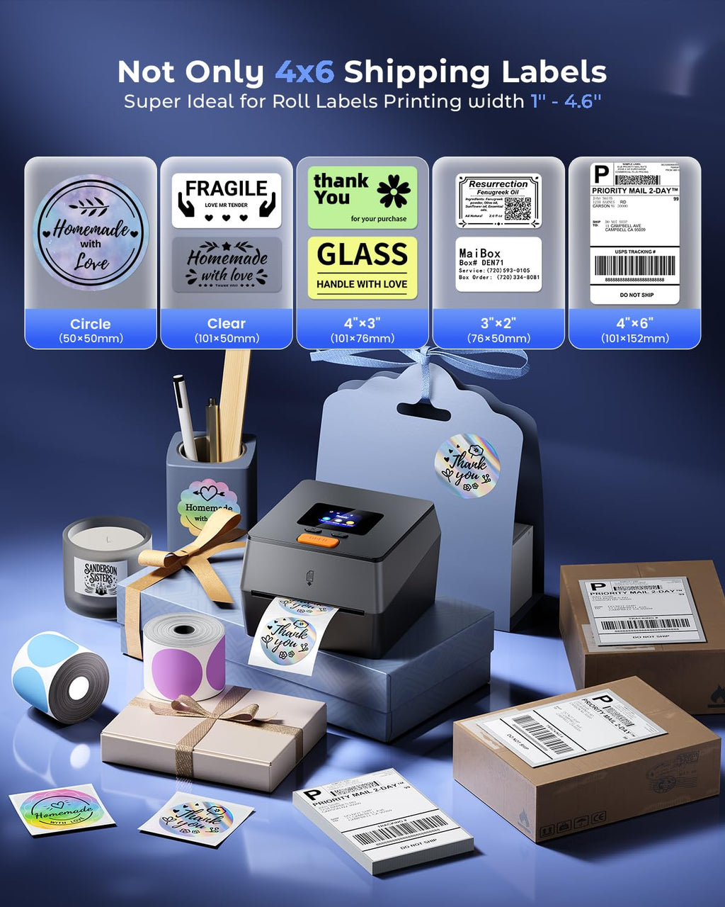Phomemo Shipping Label Printer with Touchable Screen & 750Pcs Labels