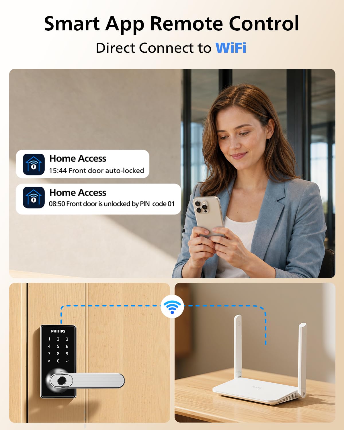 Philips Upgraded Wi-Fi Smart Lock with Handle, Keyless Entry Door Lock, Smart Door Knob, Fingerprint Unlock, App Remote Control, Auto-Lock, Keypad Deadbolt with Lever for Bedrooms, Office, Front Door