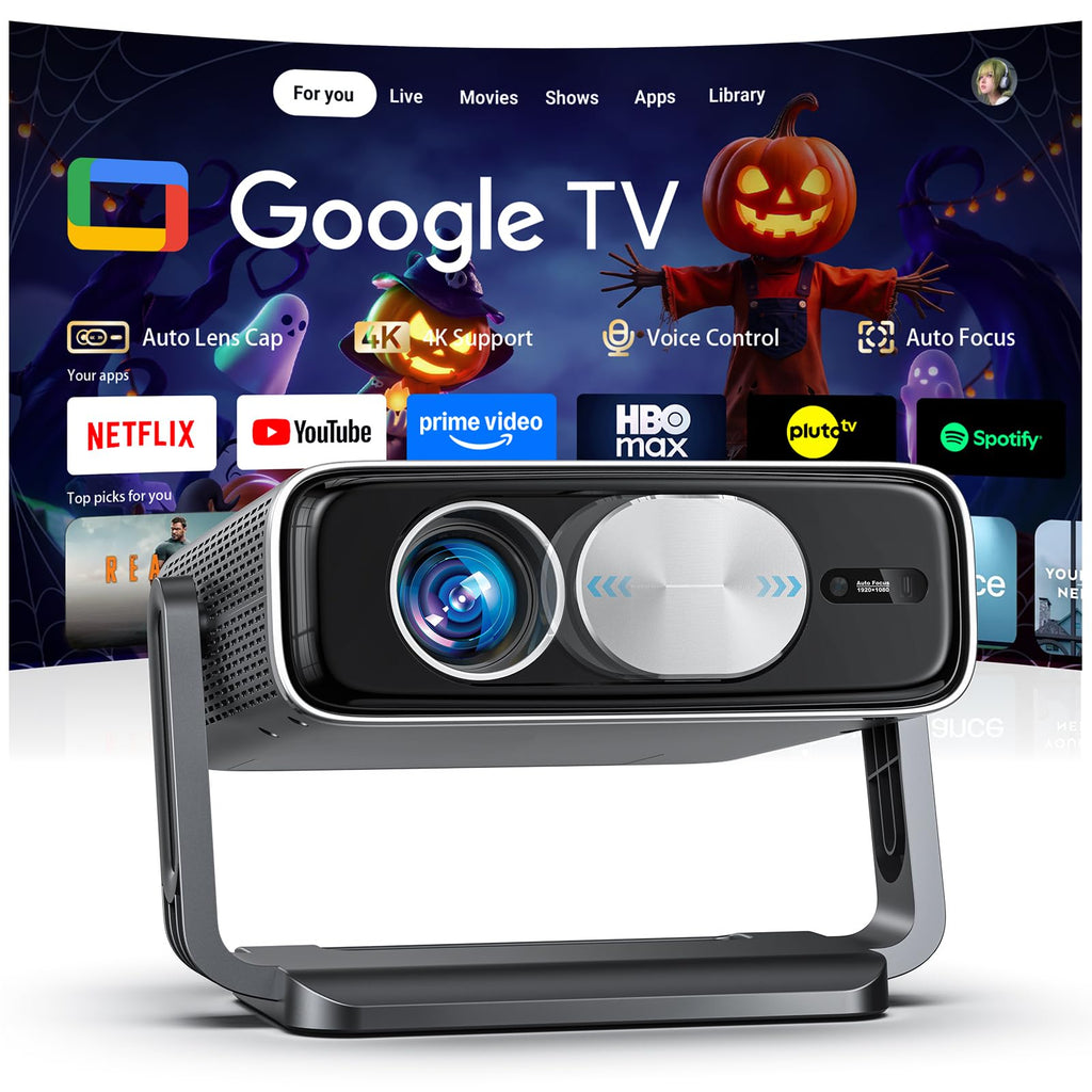 Smart 4K Projector [Bundled with Google TV Stick] with WiFi and Bluetooth, 3000ANSI, Auto Lens Cap, Portable Outdoor Movie Projector with Built-in Apps Auto Focus for Ceiling/Home Theater/Bedroom