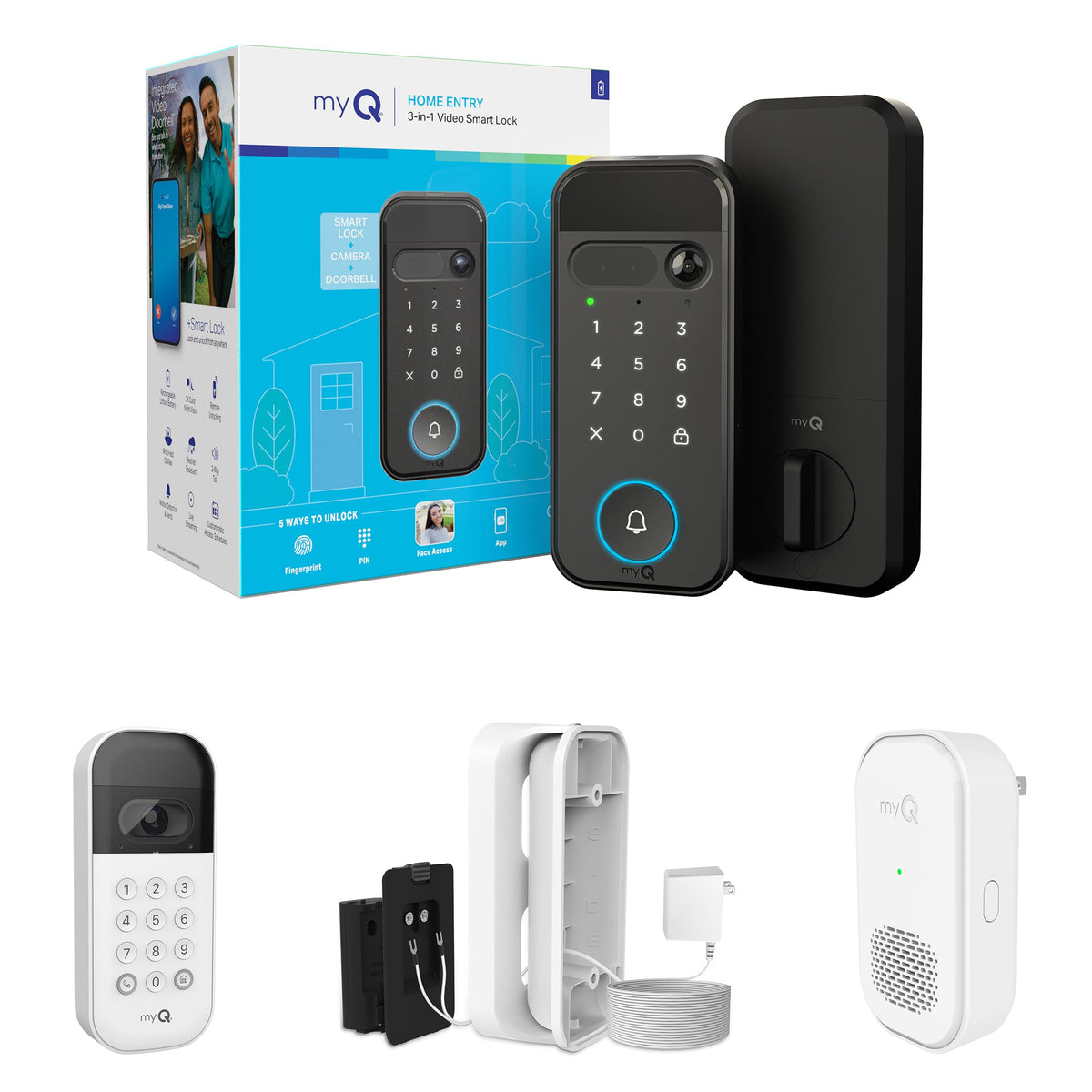 myQ Secure View™ 3-in-1 Smart Lock Deadbolt + Extra Battery, Keyless Entry Door Lock, 2K HDR Doorbell Camera, Face, Fingerprint & PIN Access, App Control, Color Night Vision & Two-Way Audio