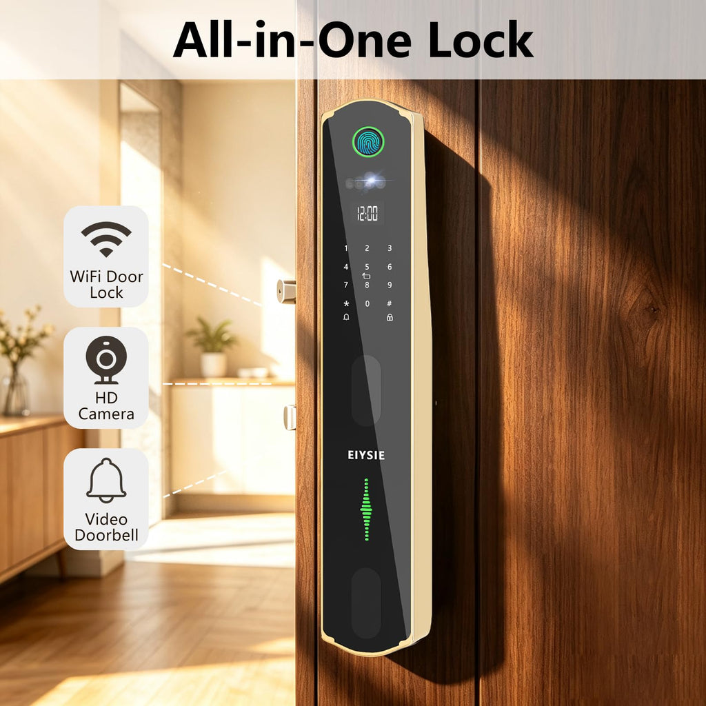 EIYSIE WiFi Front Door Lock, Smart Deadbolt with Camera & Doorbell, Gold