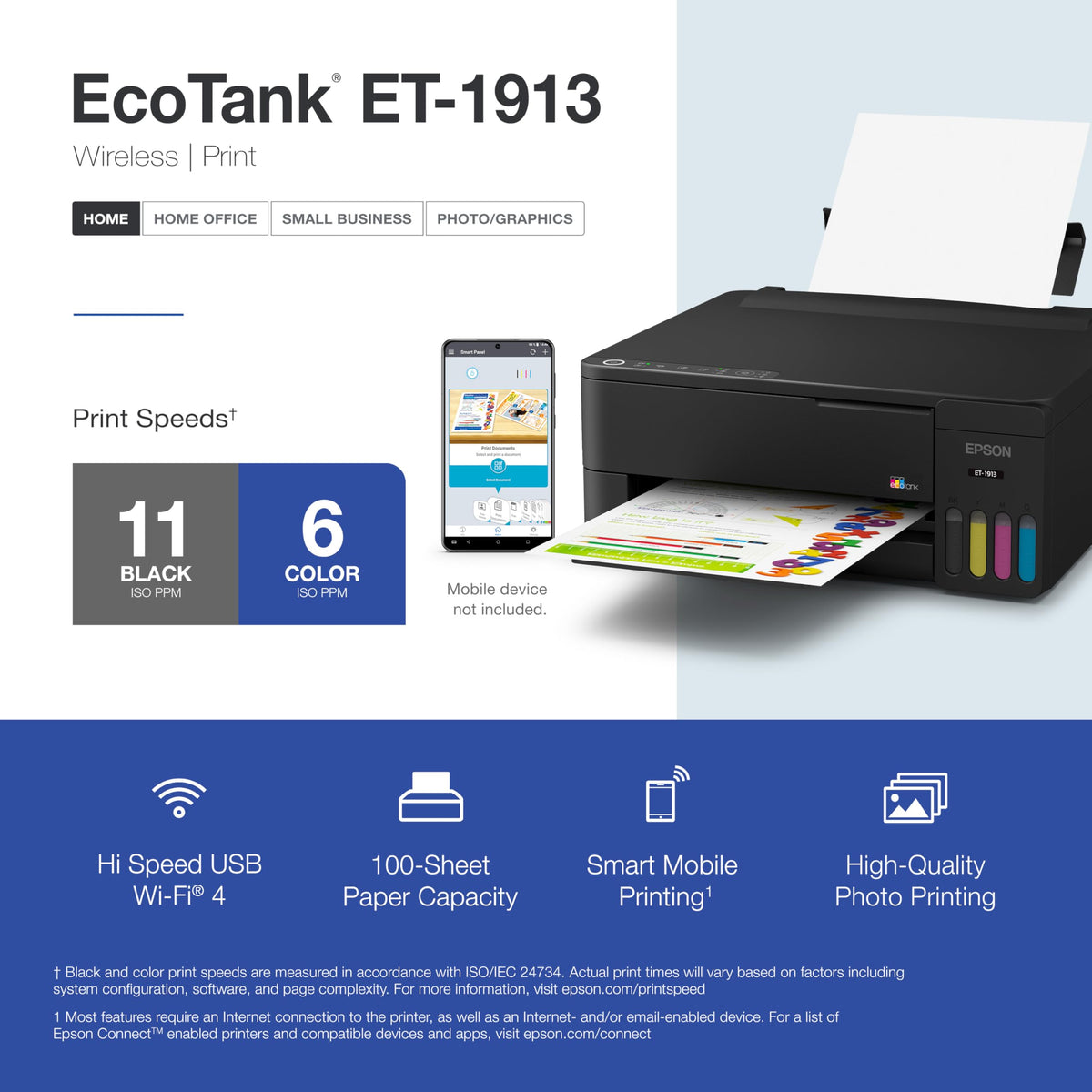 Epson EcoTank ET-1913 Wireless Color Supertank Printer with up to 3 Years of Ink, Refillable Tanks, Perfect for Home, 11 PPM, 100-Sheet Paper Tray – Black