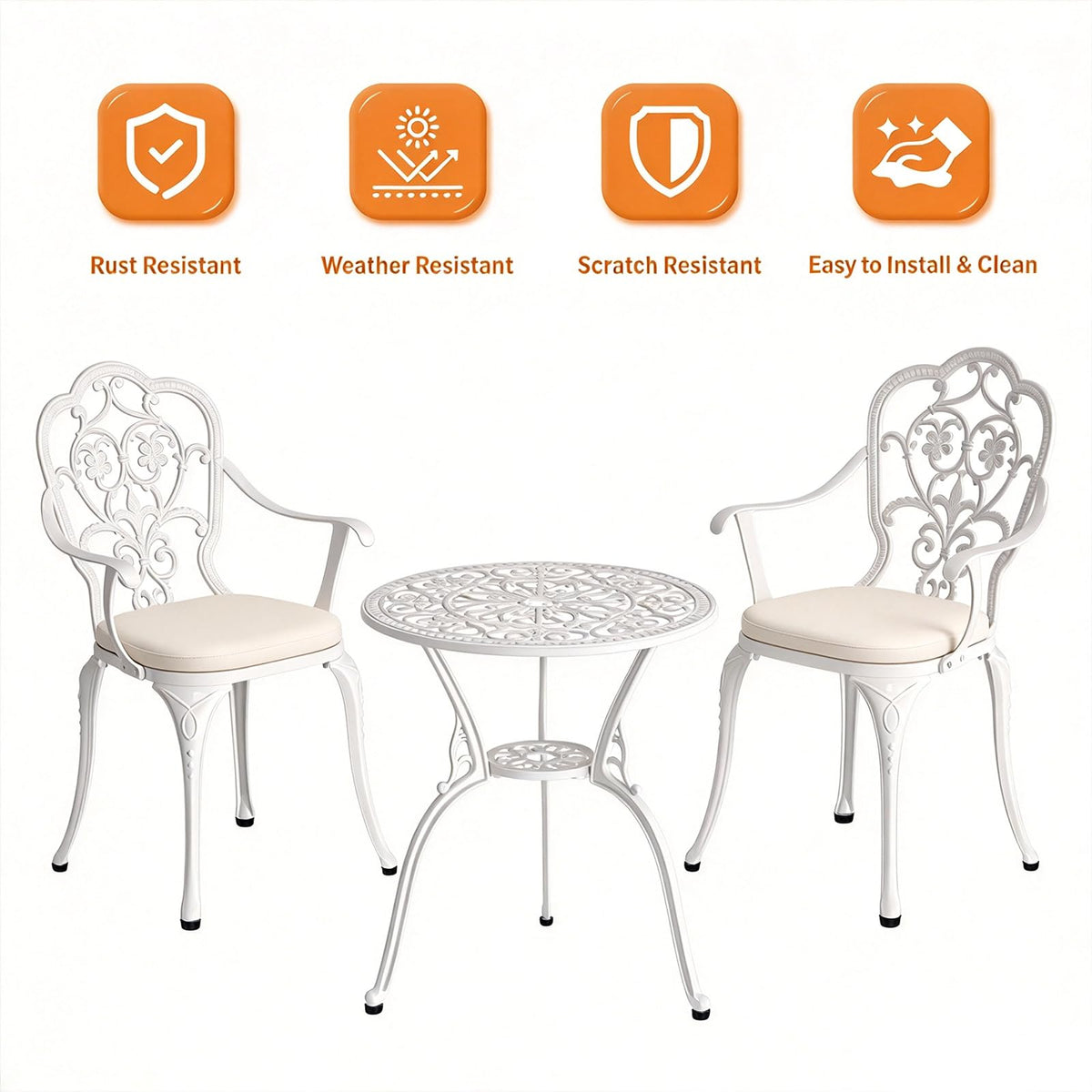 Patio Bistro Set of 2 w/Cushions and Umbrella Hole, White