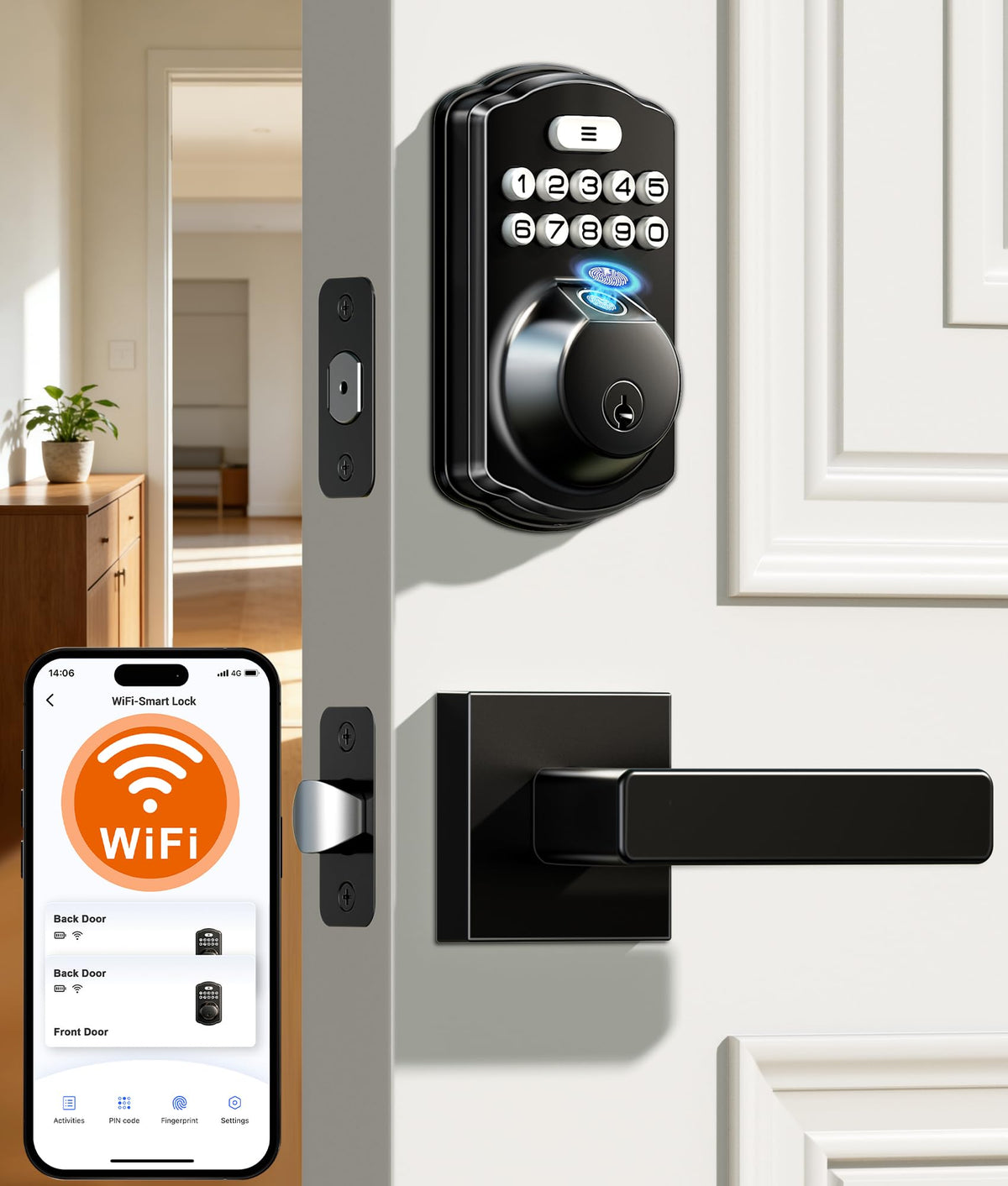 Veise VE012W-L WiFi Fingerprint Deadbolt Lock with Handle Set, Satin Nickel