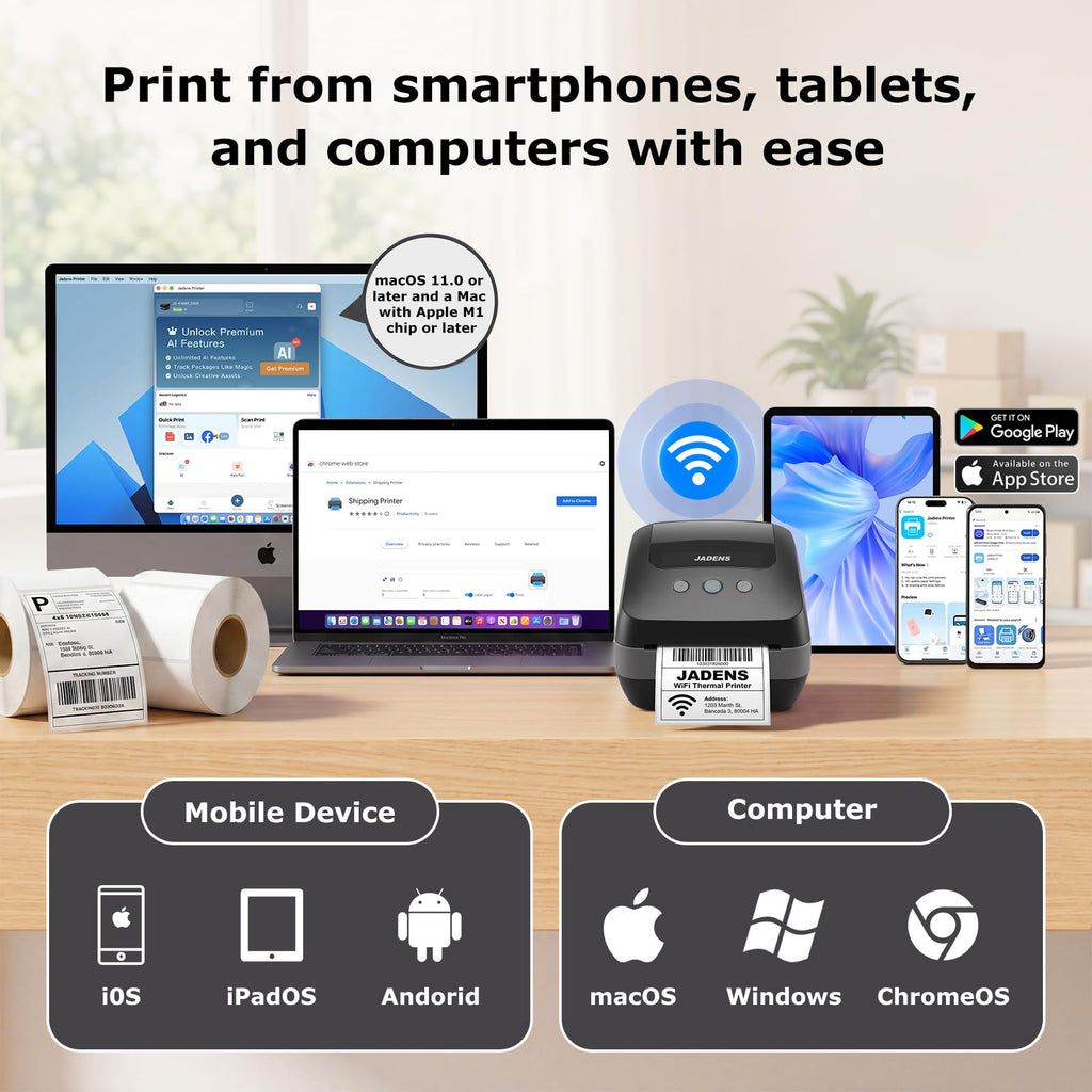 JADENS Dual-Band Wi-Fi 4x6 Shipping Label Printer for Small Business & Home