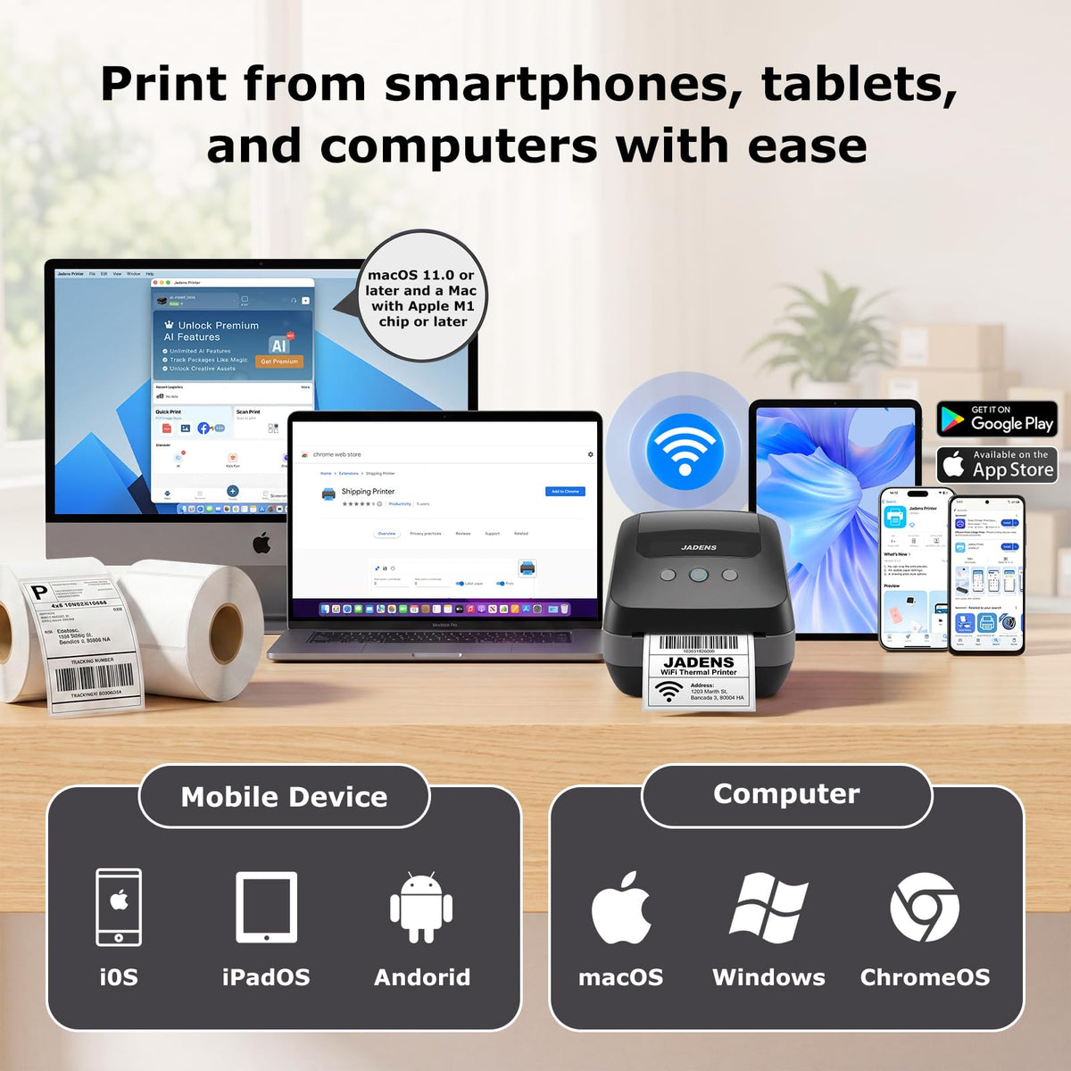 JADENS Dual-Band Wi-Fi 4x6 Shipping Label Printer for Small Business & Home