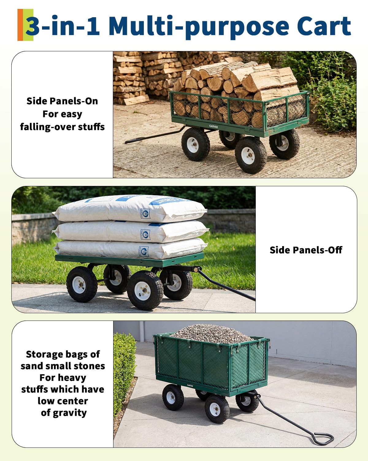 800 Lbs Steel Garden Cart, Utility Wagon with Removable Mesh Sides-Green