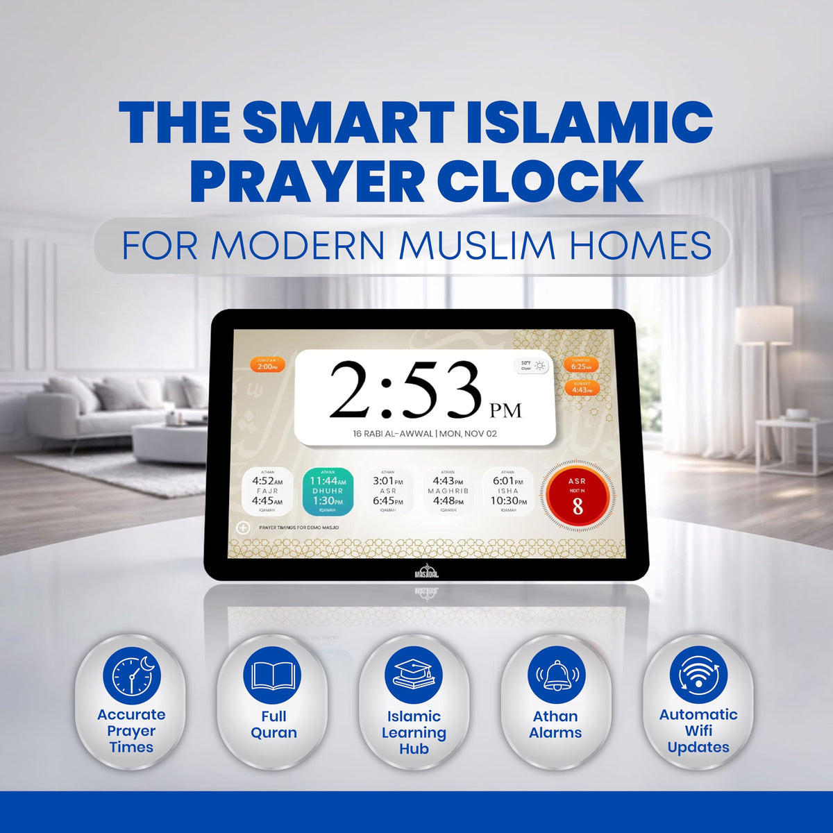 8" Smart WiFi Digital Azan Clock & Islamic Prayer Frame – Automatic Worldwide Prayer & Iqamah Times, Full Quran Player, Athan Alarm, Ramadan Clock, Touchscreen Muslim Home Display, Black